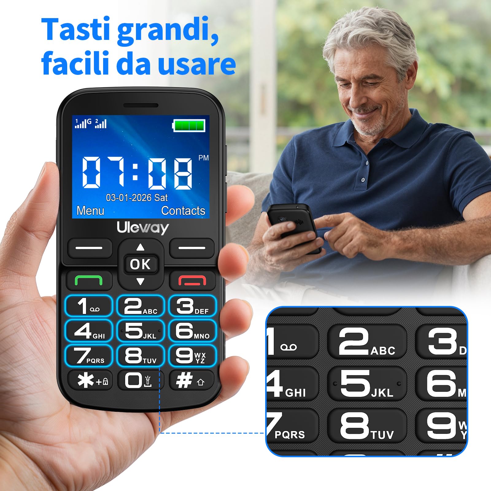 4G Telefono Cellulare per Anziani con Tasti Grandi, Ampio Display IPS da 2,4", Telefoni per Persone Anziane Facile da Usare, Doppio Slot per Nano SIM, Funzione SOS, Chiamata Rapida,Base di Ricarica