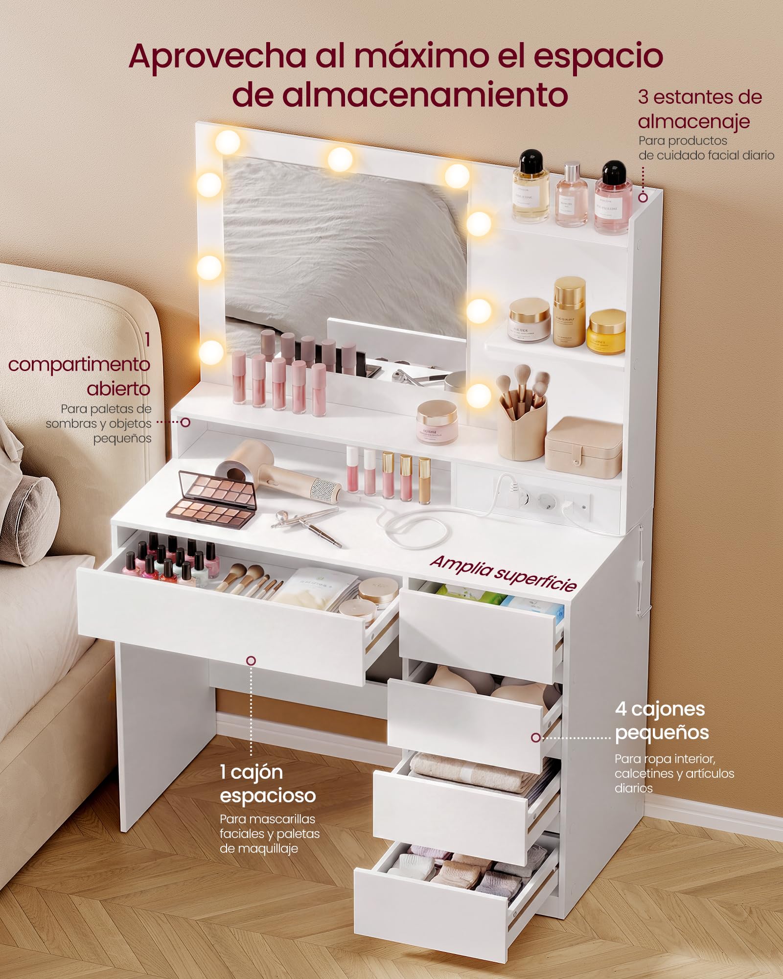 VASAGLE Tocador de Maquillaje con Luz, Mesa de Maquillaje con Espejo y Cajones, Escritorio con Enchufe y Puertos USB, 80 x 40 x 144,3 cm, Blanco Nube, Colección Kailyn RDT241WB01