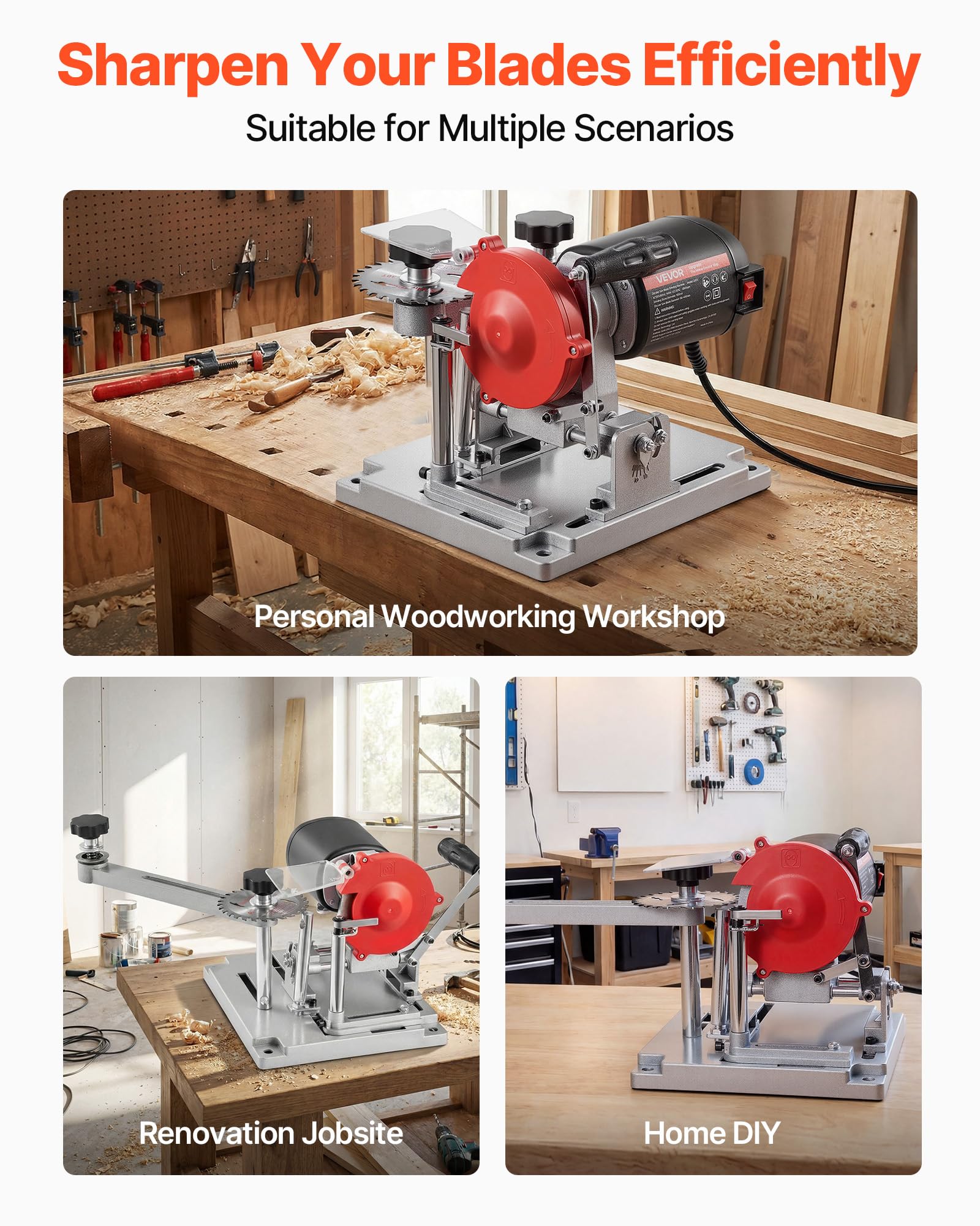 VEVOR 140W Sägeblattschärfgerät, 5700 U/min Kreissägeblattschleifer mit 100mm Schleifscheibe, Elektr. Schärfmaschine mit ±25° Einstellwinkel für 90-400mm Sägeblätter, Blattschärfer für Holzbearbeitung