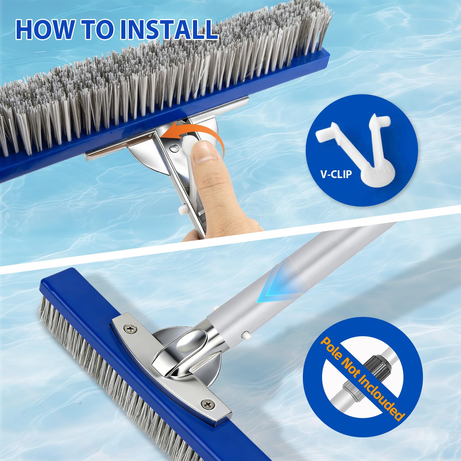 Cepillo Piscina 10 Pulgadas (25,4 cm) con cerdas de Acero y Nylon, Cepillo Limpieza Piscina con Base de Aluminio y Clip EZ para pértiga telescópica, Cepillo Resistente para Fondo y Paredes enterrada - 4