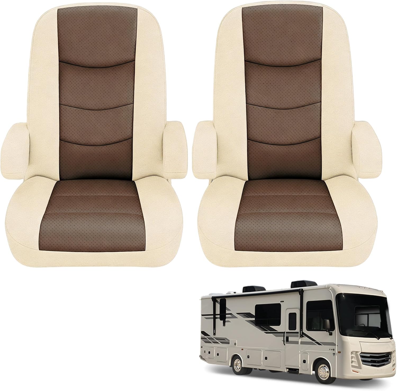 2Pcs Seat Covers for Captains Chairs Heavyweight Knitted Mesh RV Motorhome Fit for Class-A Motorhome with Side Storage Pockets, Universal Model-Beige