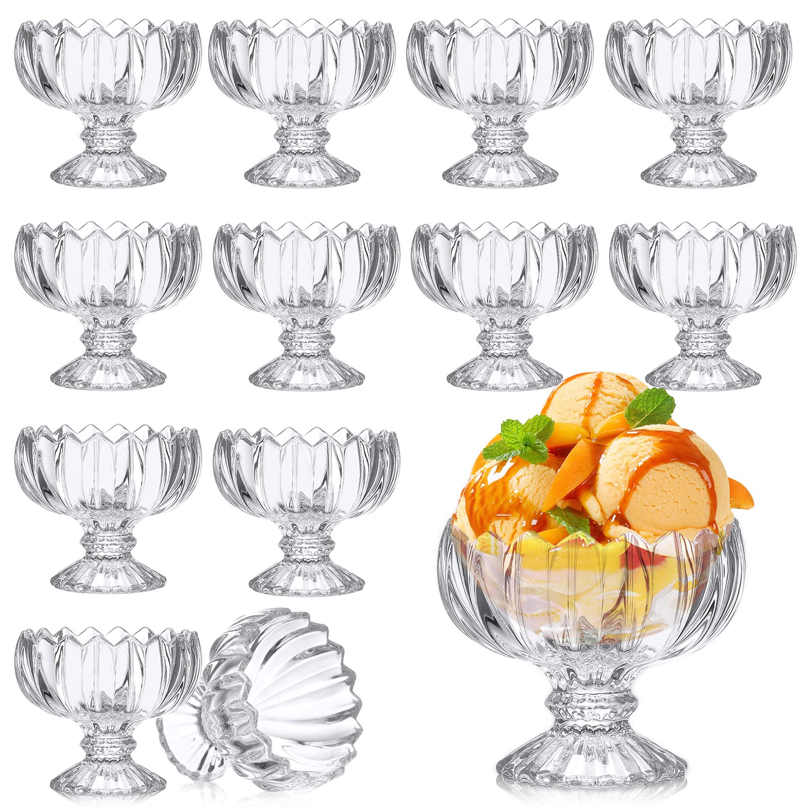 Mumufy 12 Pcs 4 oz Tulip Footed Small Dessert Cups Set Clear Glass Dessert Bowls Mini Ice Cream Sundae Bowls Serving Trifle Dish Cute Parfait Glasses for Fruit Salad Cocktail Condiment Holiday Party