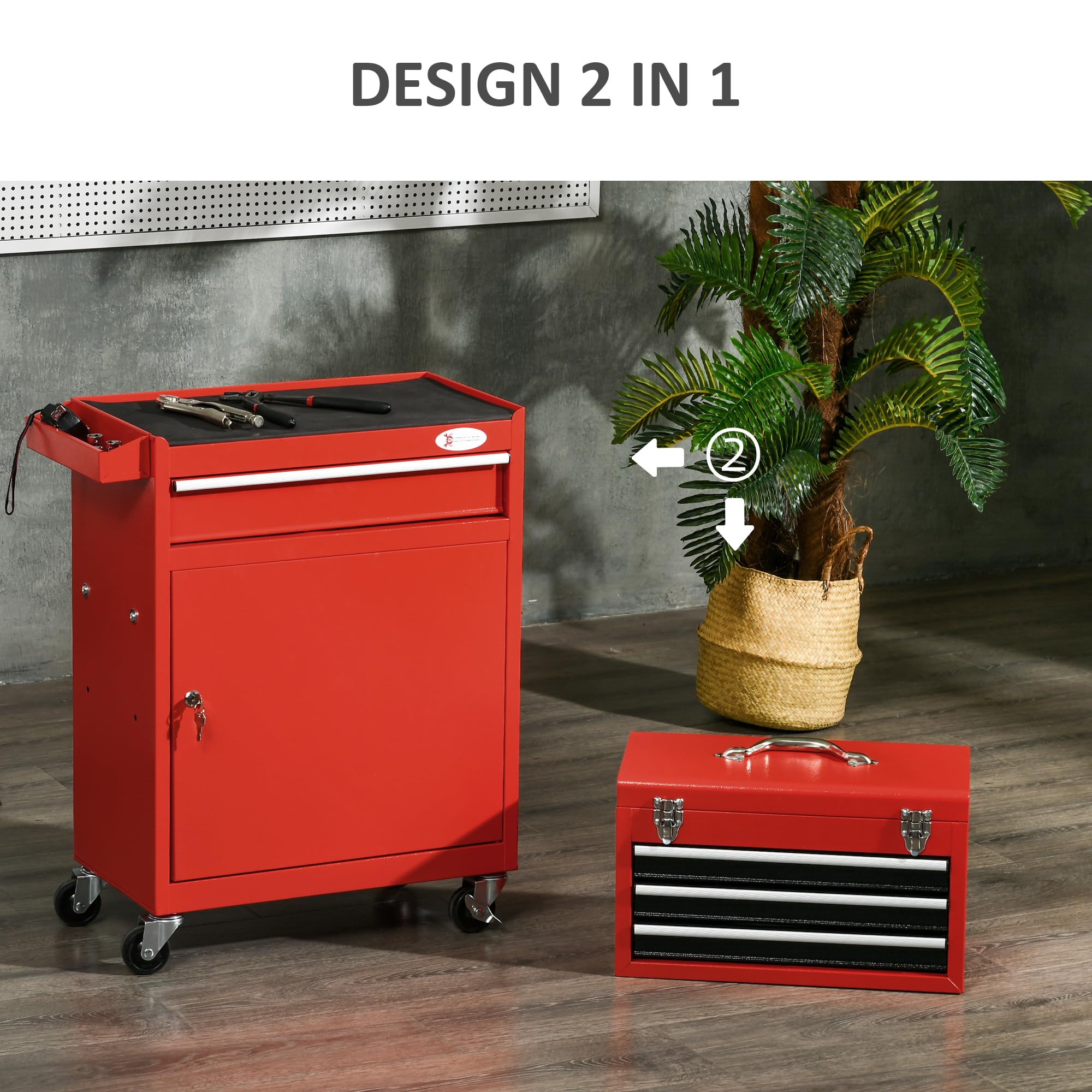 DURHAND Carrello Porta Attrezzi 2 in 1 Armadietto con Chiave Acciaio Rosso | Cassetta Portautensili Rimovibile, 4 Cassetti Totali