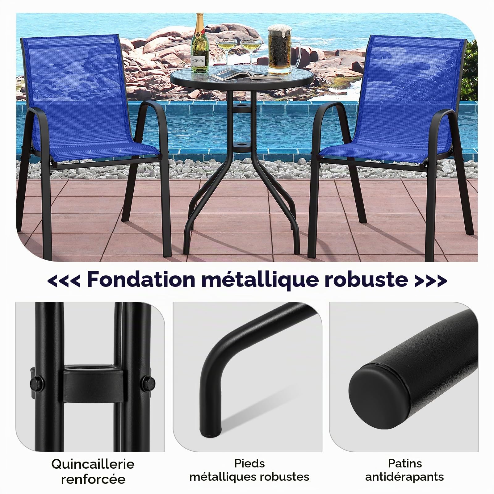 KOMFOTTEU Salon de Jardin 2 Personnes, 2 Fauteuils Tissu & 1 Table, Bleu