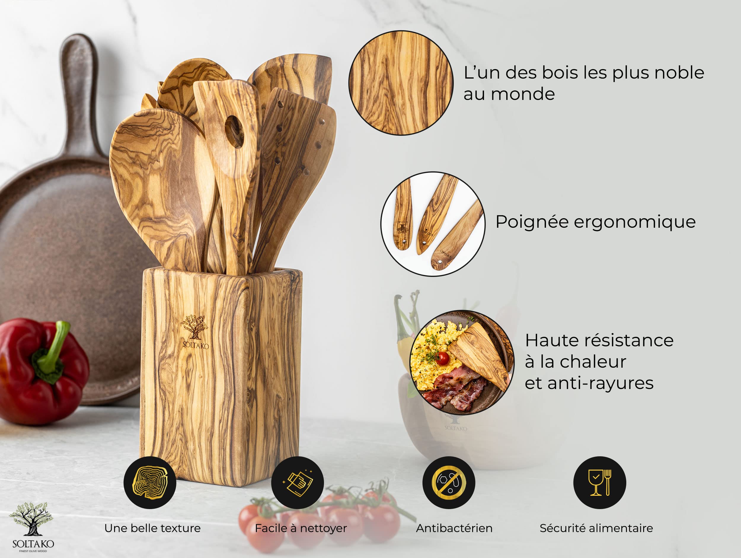 SOLTAKO Ustensiles de Cuisine avec Support, Lot de 7 Cuillères de Cuisine, Spatules, Palettes, Cuillères, Couvert à Salade en Bois d’Olivier Brut, Cuisine Accessoires 30cm