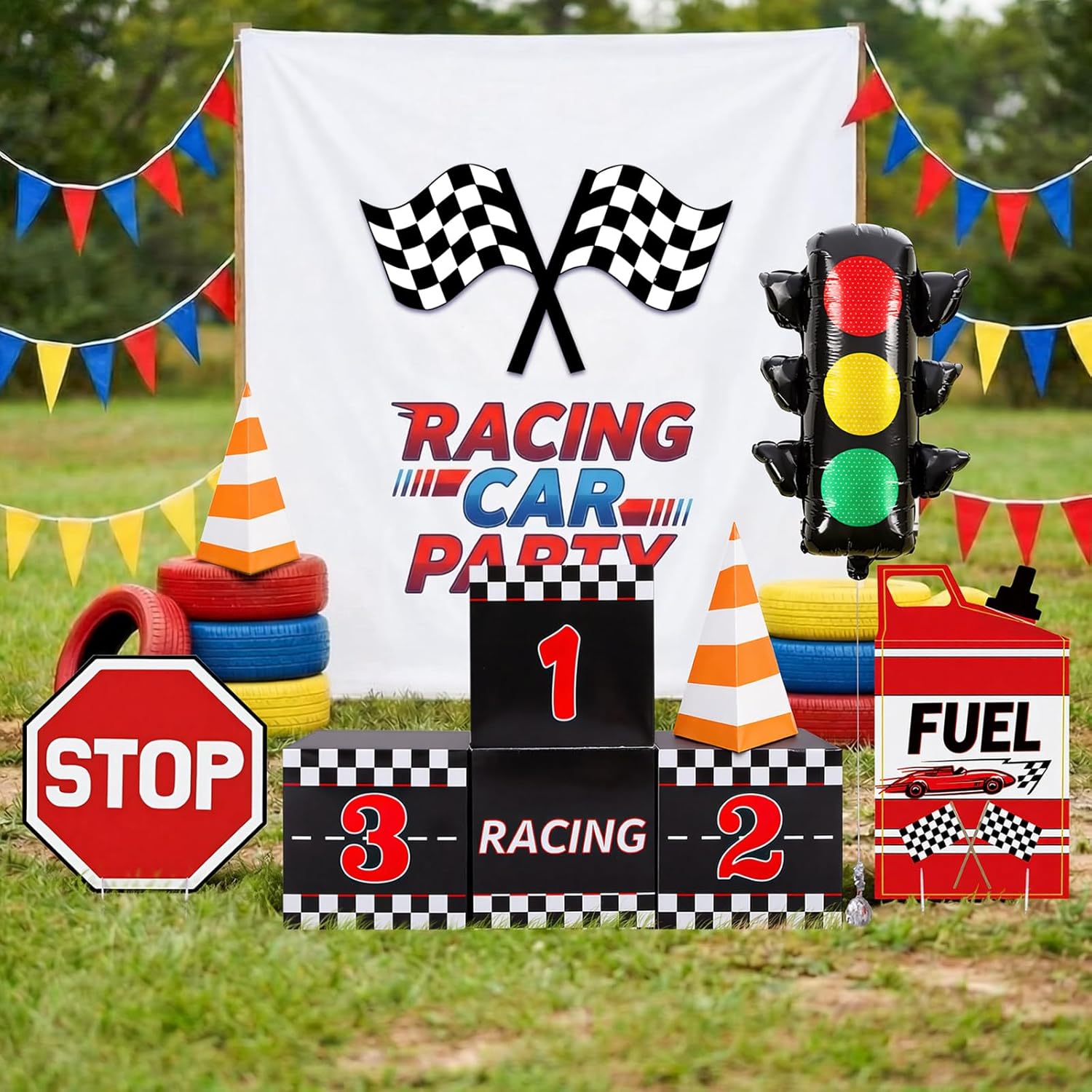 Shappy 10 Pcs Race Car Birthday Decoration Fast One Party Decor Birthday Balloon Racing Car Party Supply with Traffic Signal Balloon Race Boxes Orange Traffic Cone Checkered Flag Fuel Can Stop Sign