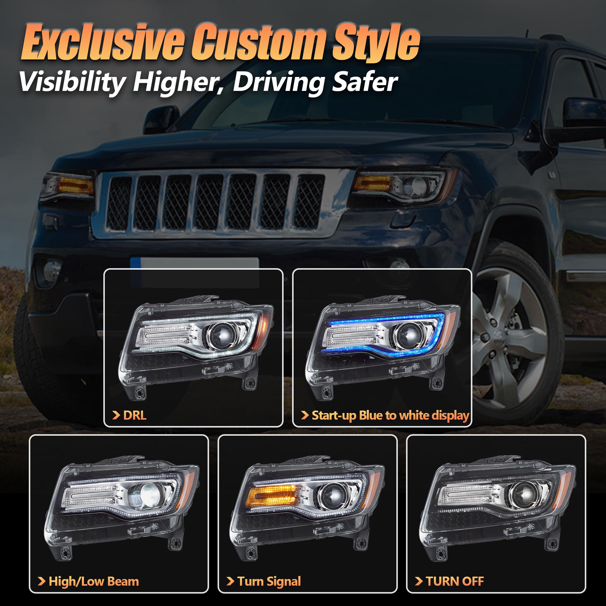 Reflektor LED Grand Cherokee WK2 2011 2012 2013 z dynamicznym wyświetlaczem po stronie kierowcy i pasażera, chromowany
