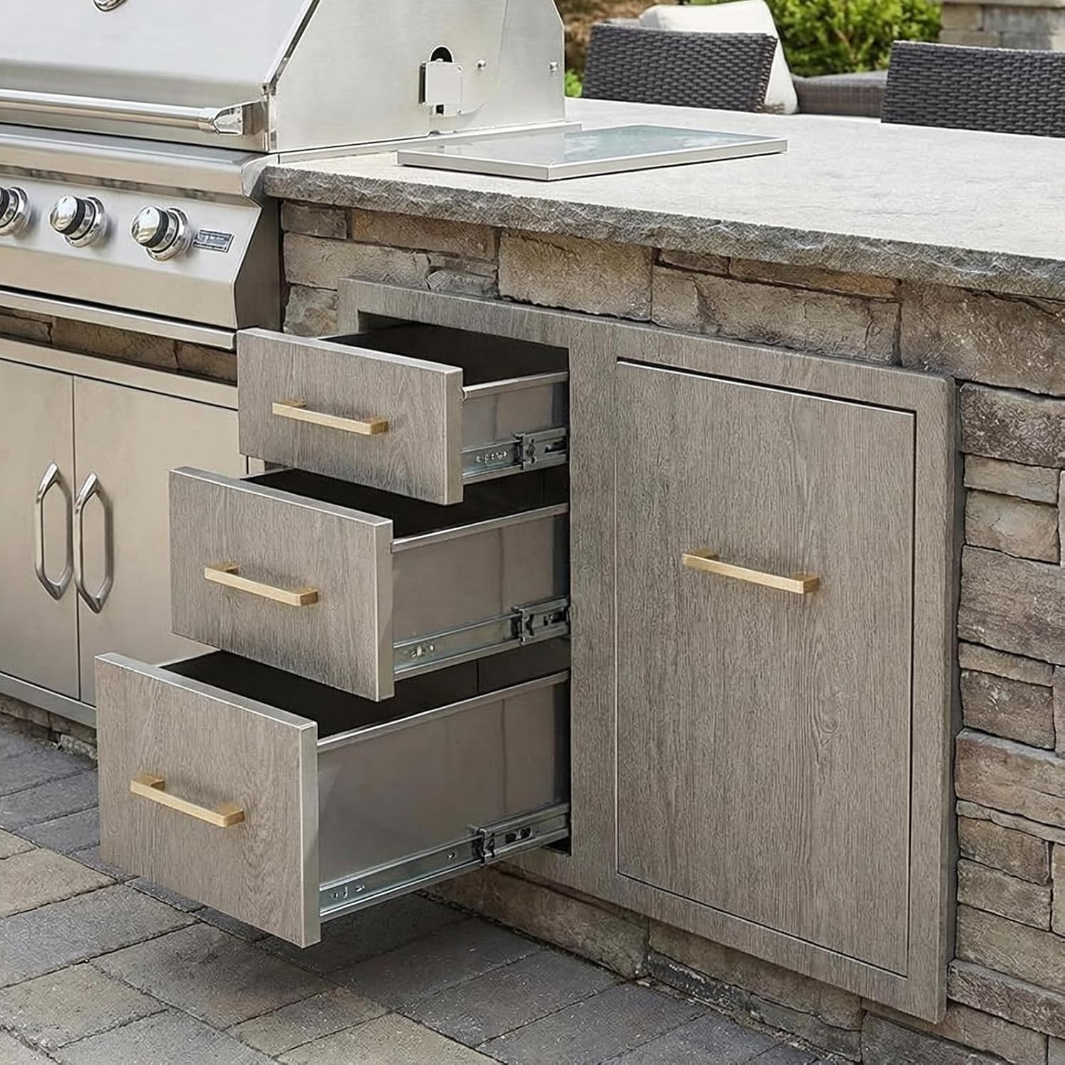 Stainless Steel Outdoor Kitchen Drawer Combo with Access Door, Wood Grain Film, 29.5" W x 22.6" H x 21.7" D, BBQ Island Drawer, Propane Storage, Adjustable Garbage Ring, Flush Mount