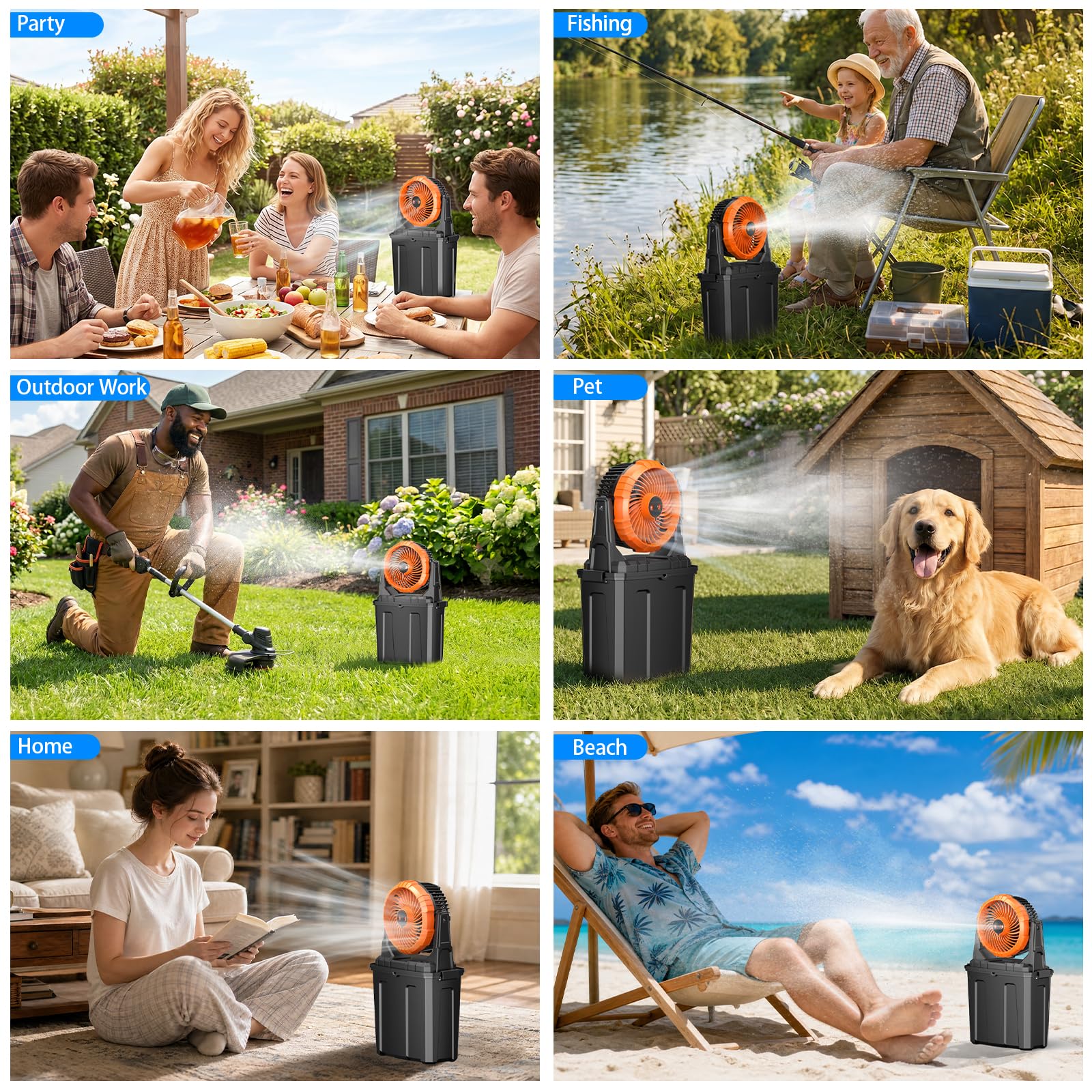 Ausic Ventilador de nebulización portátil de 9 litros, ventiladores de exterior de 10 pulgadas y 20000 mAh para patios, ventilador de batería recargable, ventilador de refrigeración de agua para