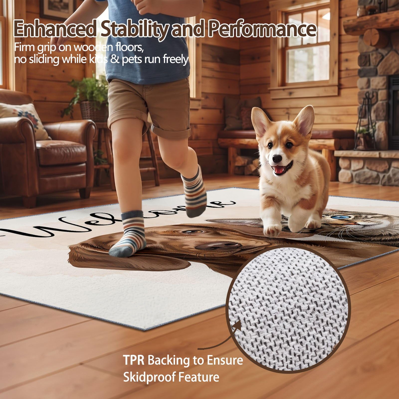 Braun Teppich Wohnzimmer 80 x 150 cm, Waschbarer Modern Rustikal Hund Katze Text Teppich,rutschfest Kurzflorig Weich Teppiche für Wohnzimmer Schlafzimmer Esszimmer Büro