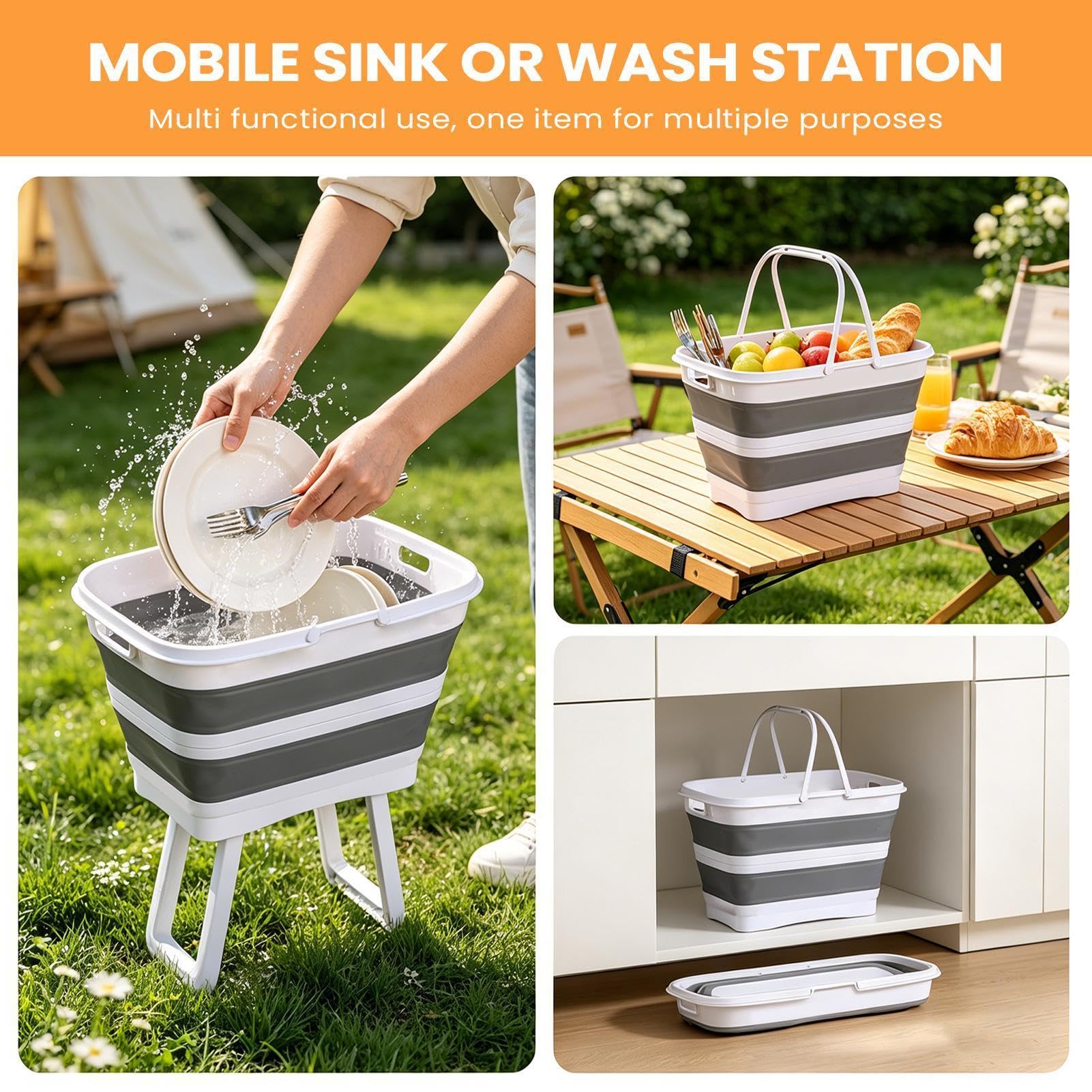 Cesto portabiancheria pieghevole con gambe, multifunzione da 26 l, con uscita di scarico, in termoplastica PP, , per campeggio, giardino, casa, uso esterno