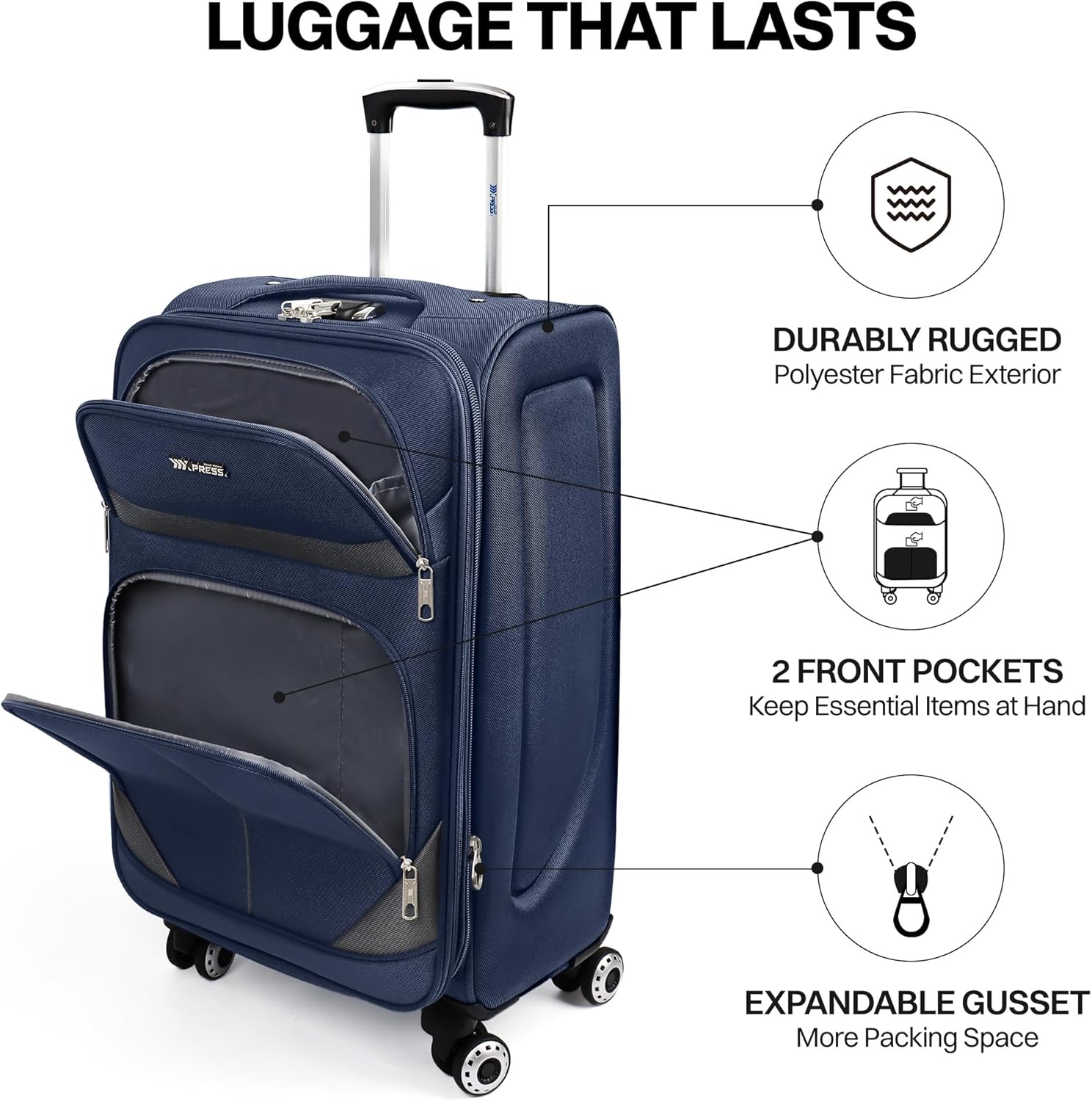 20" Luggage, Softside Suitcase with LOCK,Expandable Luggage w/Double Spinner Wheels, Lightweight Rolling Suitcases for Travel Carry On Luggage（Navy-Grey,20in）