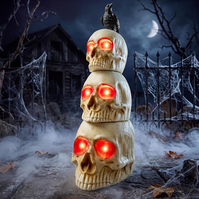 JOYIN Halloween Stackable Skeleton Decor Outdoor, 3 Skulls and 1 Crow with Glow Effect, Spooky Stackable Tabletop Halloween Decorations for Indoor Party Desk Haunted House Lawn Yard Porch