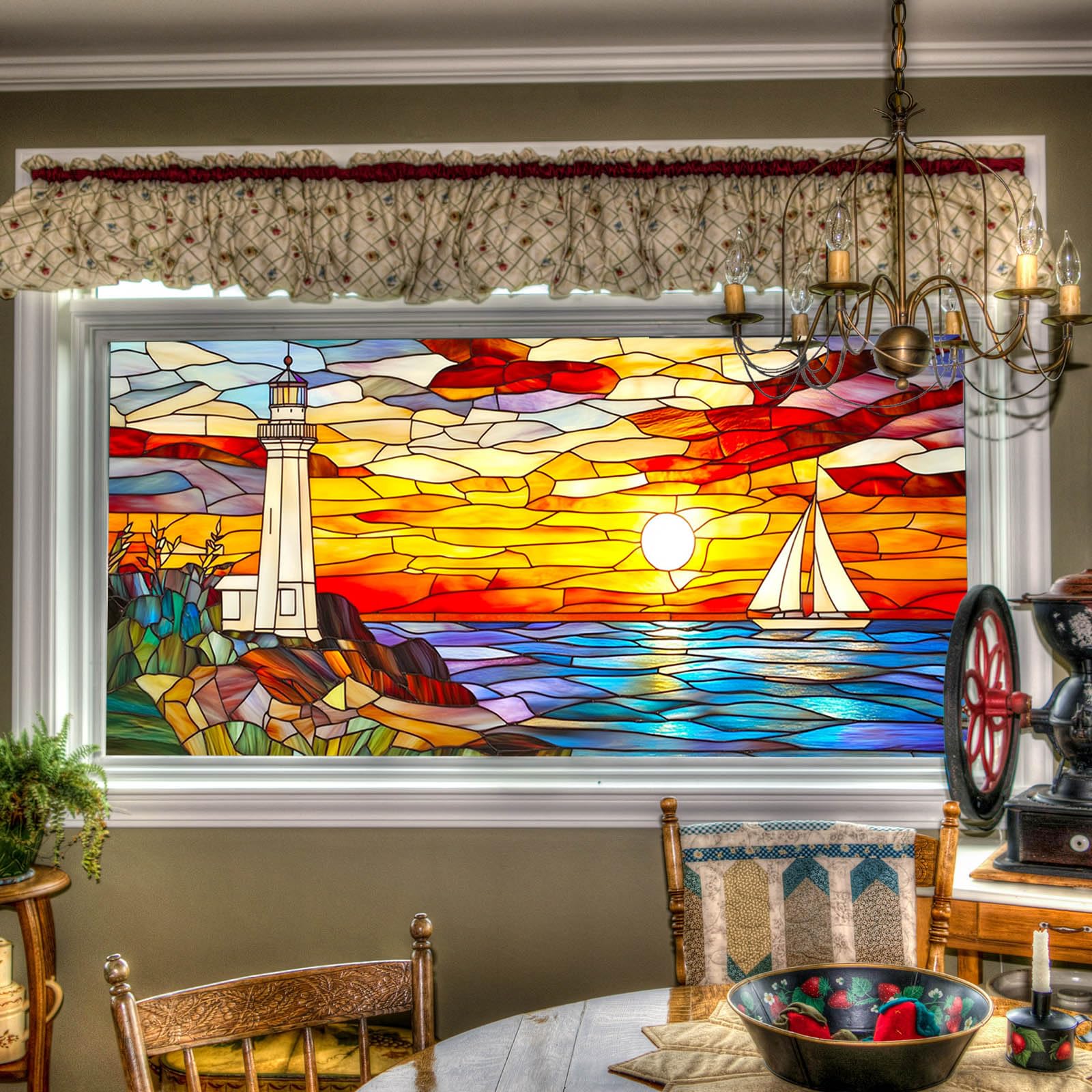 Hometitute Scenic Window Film#04 Stained Glass Window Film Lighthouse Sunset Sailboat Decorative Window Clings Ocean Seascape Privacy Glass Stickers For Home Office Living Room 39.3 × 17.7 Inchs