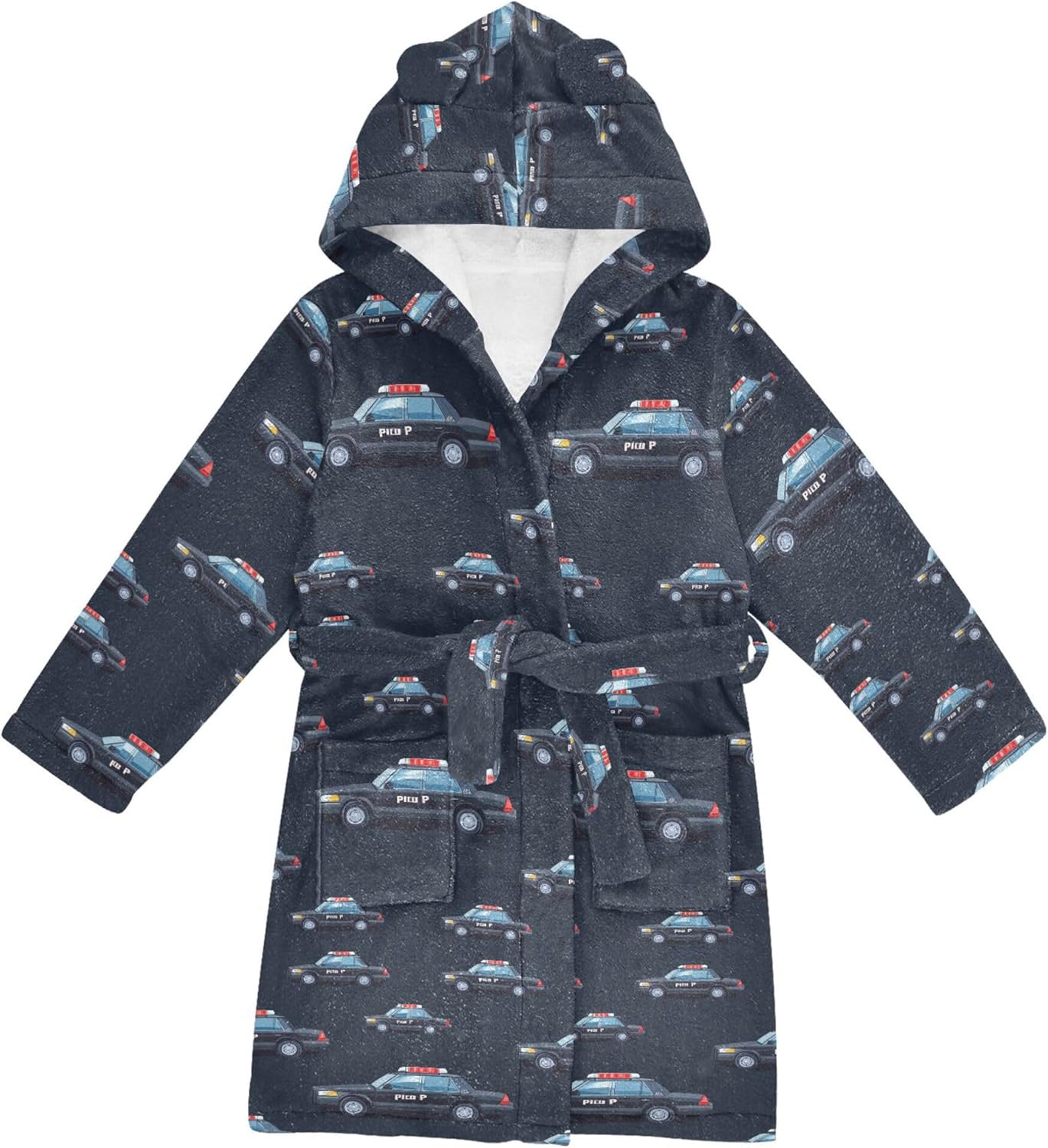 Police Cars Pattern Bathrobe Hooded PJ Robe Soft Fleece Robe Pajama Sleepwear 2-12 Years