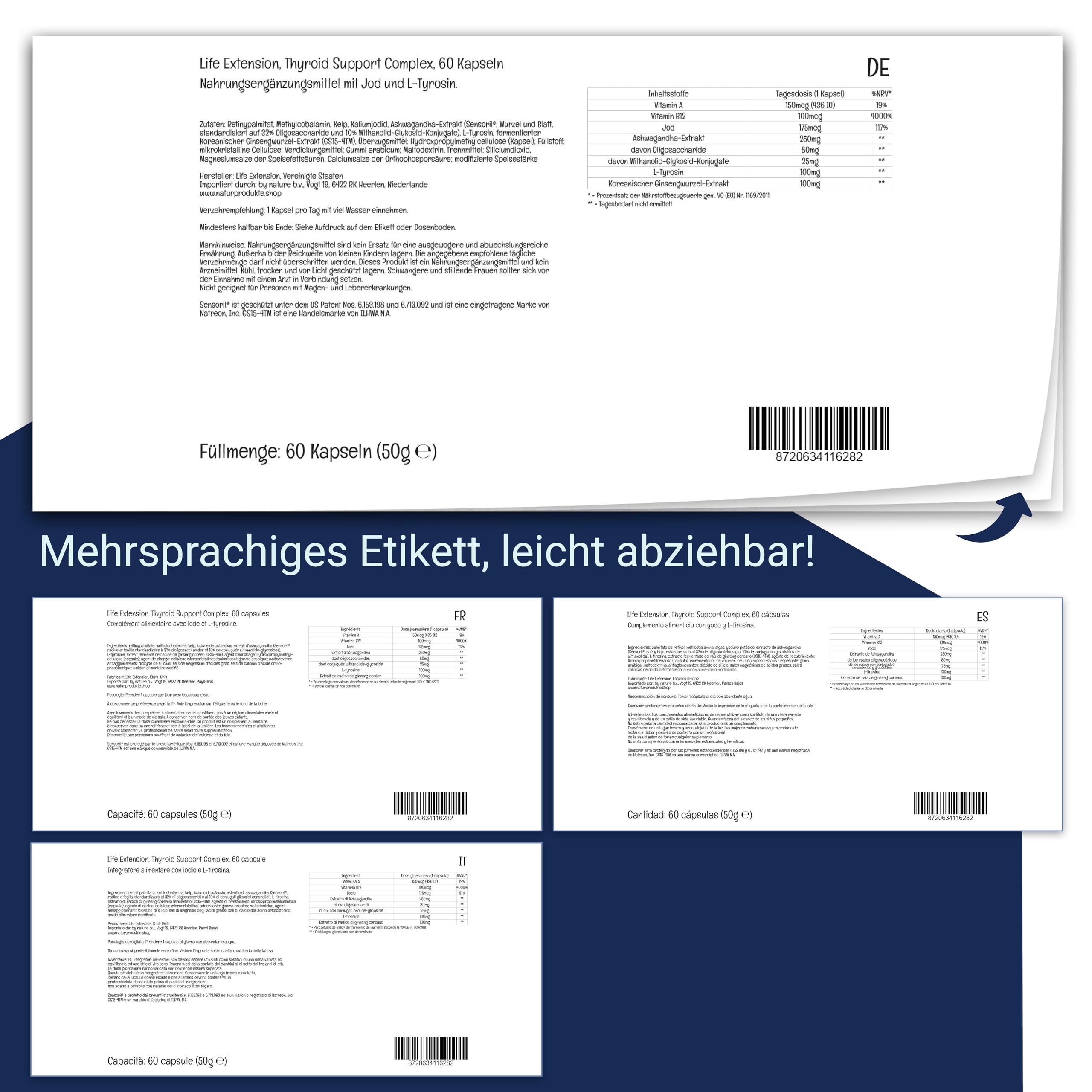 Life Extension, Thyroid Support Complex, 60 glutenfreie Kapseln, 175mcg Jod & 100mg L-Tyrosin je Dosis, Sojafrei, GMO frei, Geschmacksneutral