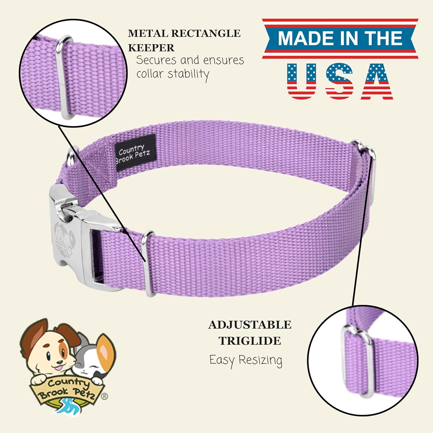 Country Brook Petz - Premium Nylon Dog Collar with Metal Buckle for Small Medium Large Breeds - 10+ Cool Colors (Small, 3/4 Inch, Lavender)