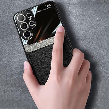 Samsung Galaxy S24 Ultra用レザーケース、プレミアムフェイクレザー+ガラスカメラ保護スリム電話ケース傷つきにくい保護カバーSamsung Galaxy S24 Ultra用、ブラウン