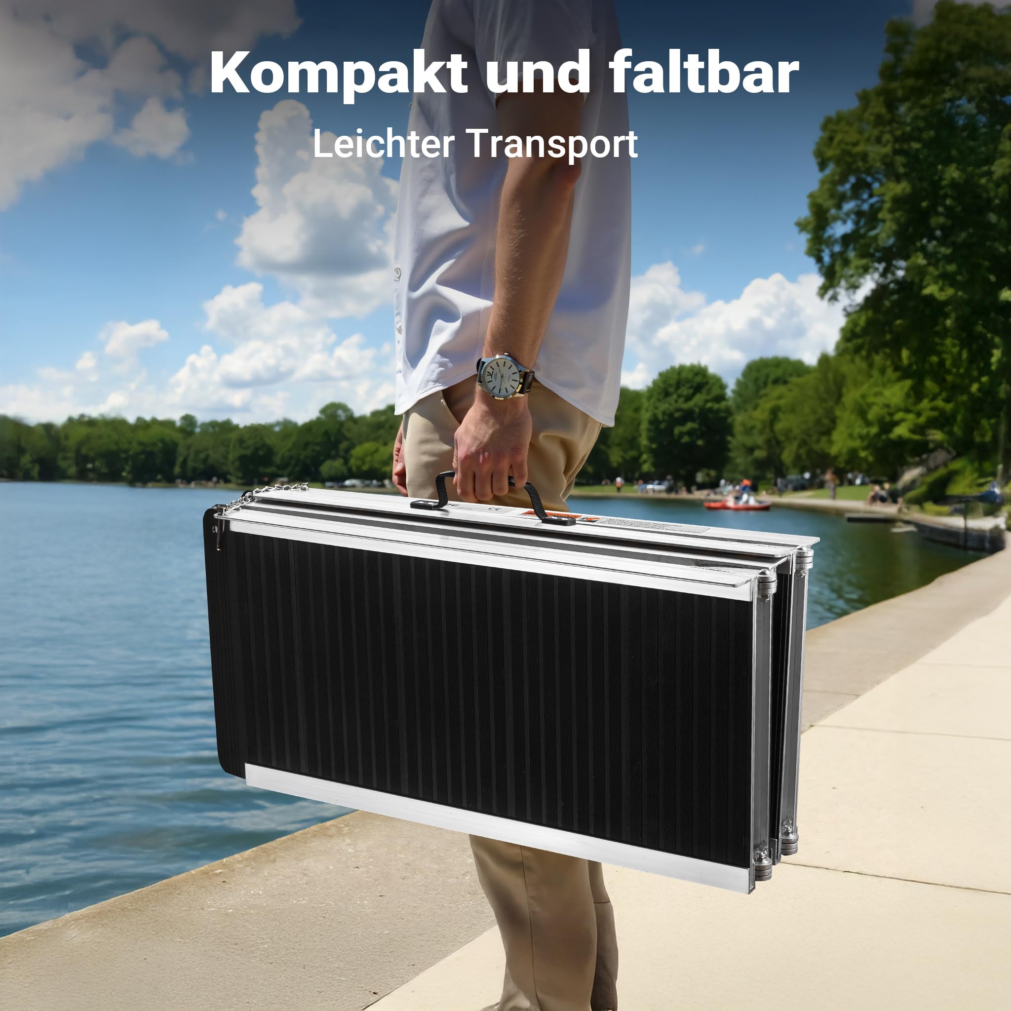 Wiltec Rollstuhlrampe doppelt faltbar 244cm 270kg, Mobile Auffahrschiene mit Rutschfester Oberfläche als Rollirampe, Aluminium Kofferrampe
