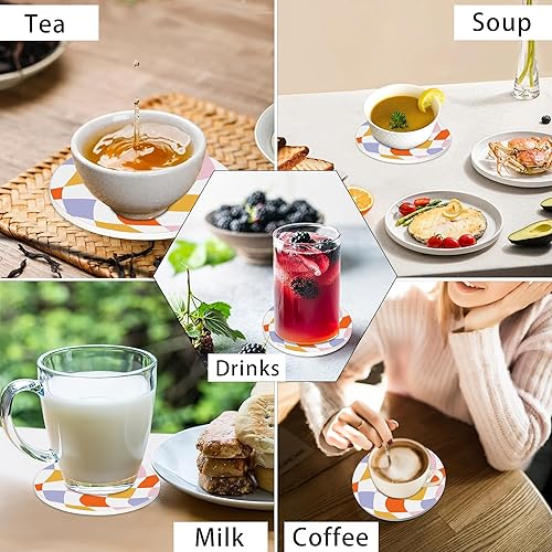 Miniatura 7 de Juego de 6 posavasos para bebidas, retro, ondulados, absorbentes, redondos, de cerámica, con base de corcho y soporte de metal, decoración de bar