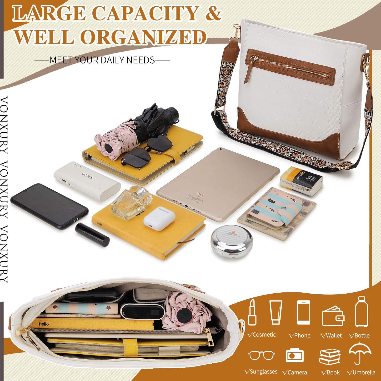 VX VONXURY Crossbody Bag for Women, Trendy Vegan Leather Shoulder Bag, Designer Bucket Bag with 2PCS Adjustable Straps