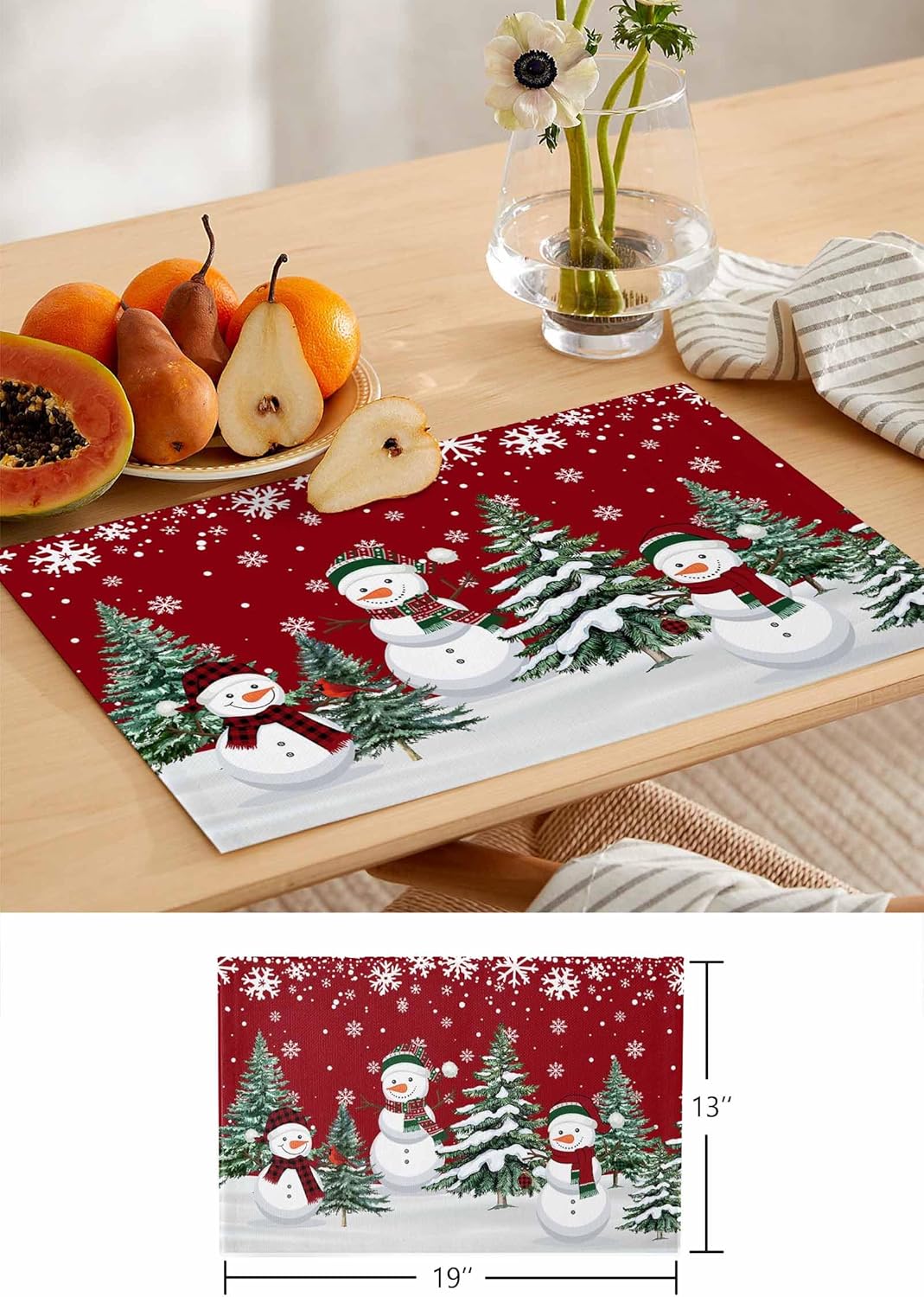 Christmas Snowman Placemats Set of 4, Xmas Tree Place Mats Indoor Outdoor Cotton Placemats, White Winter Snowflake Red Placemat Washable Table Mats for Christmas Party/Dining Room Decorations 13"x19"