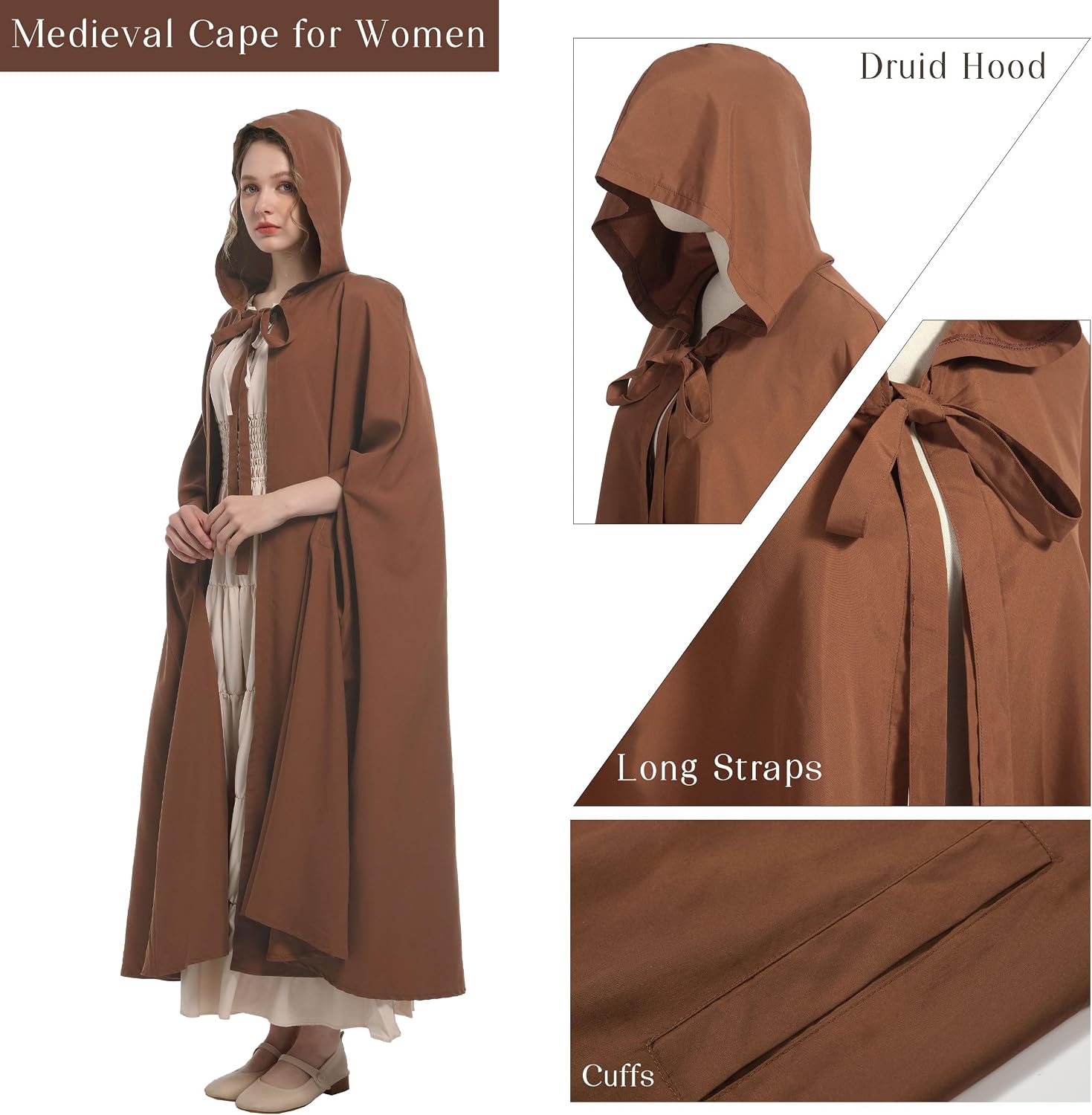 Women Renaissance Cloak Arm Holes Medieval Cape with Hood for Halloween Costumes Cosplay