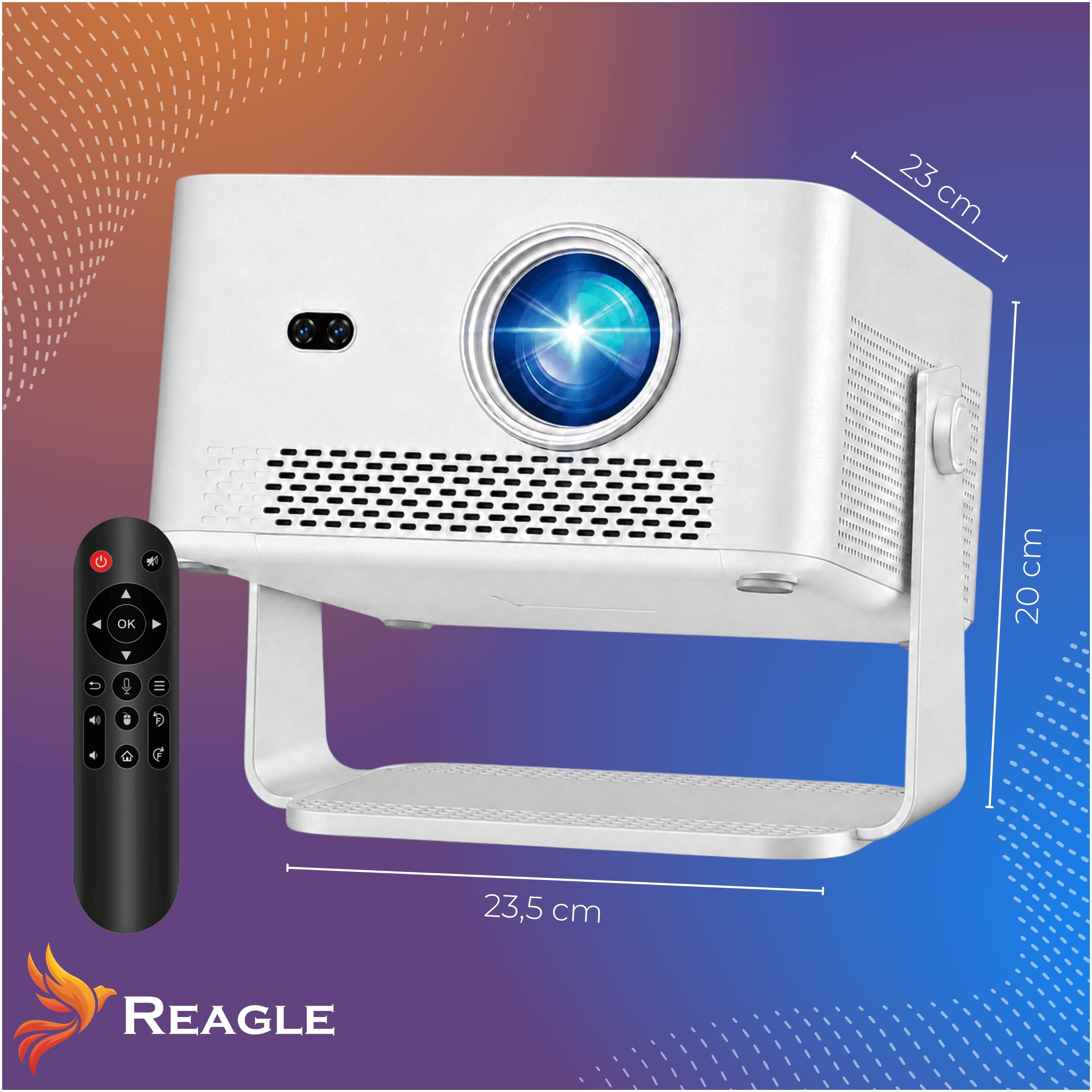 Reagle R-MOVIELUM-P60 Proiettore Smart Android 14 Full HD 1080p 4K Upscaling 1100 ANSI LED 140 Pollici WiFi 6 Bluetooth 5.4 Autofocus Keystone HDMI USB 180° Home Cinema