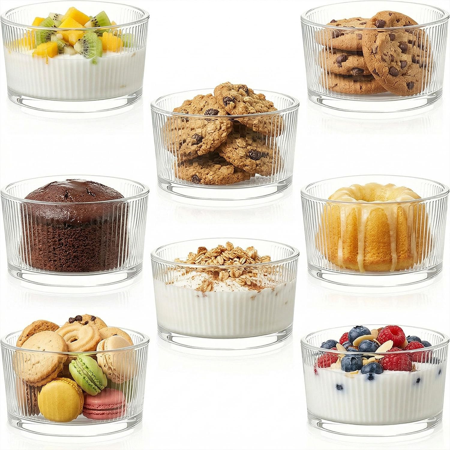 Lighterday Dessert Bowls Set of 8, Ribbed Glass Bowl, 7.05 oz Trifle Bowl, 200ml Ice Cream Bowls, Small Bowls for Cakes/Cheesecake/Pudding/Fruit/Mousse, Reusable Tiramisu Container, Dishwasher Safe