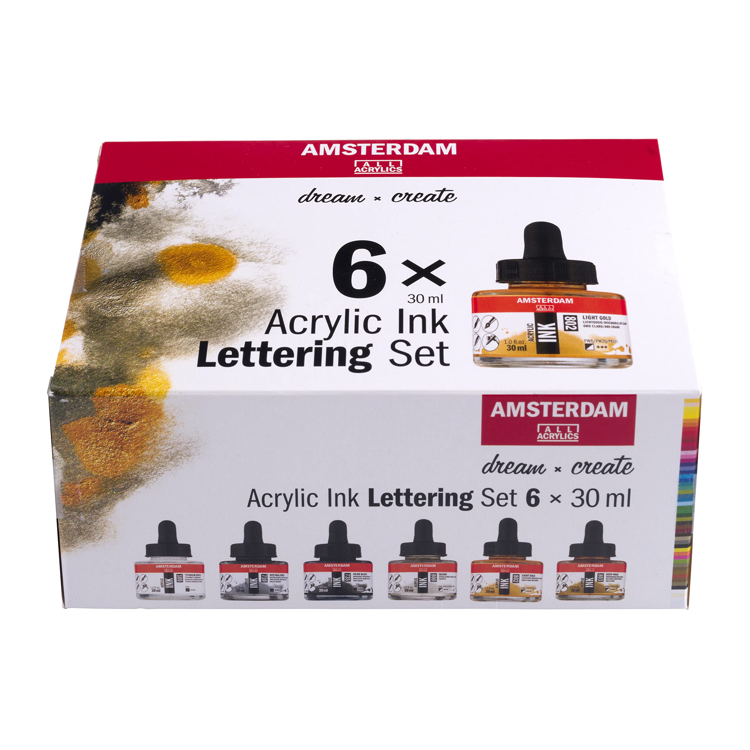Amsterdam Set d’Encres Acryliques | Set Lettrage (6 x 30 ml) | Noir, Blanc & Couleurs Métalliques | Peinture Acrylique Fluide