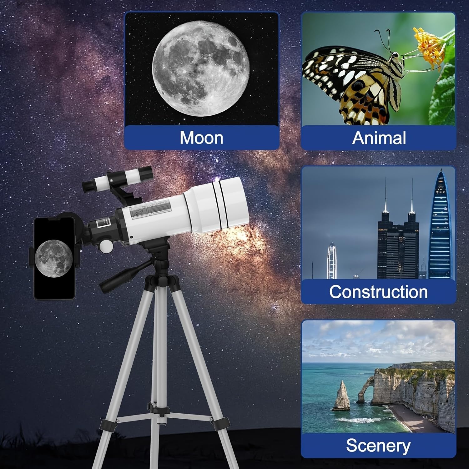 Teleskop dla dzieci, dorosłych i początkujących, 70 mm Aperture (otwór), teleskop astronomiczny z powiększeniem 15X-150x, statyw (regulacja wysokości 41-117 cm) i adapter do smartfona wraz z