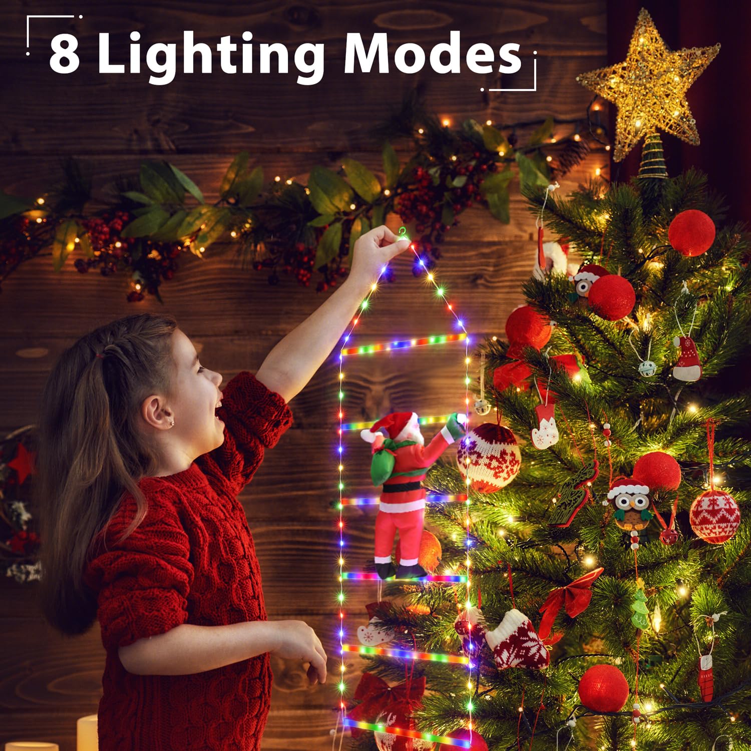 iShabao 1M Luci Decorazioni Natale per Esterno, 132LED Luce Addobbi Natale a Scaletta, 8 Modalità Funzione Timer e Memoria, Luci Natalizie per Interno Balconi Finestre(Colorate)