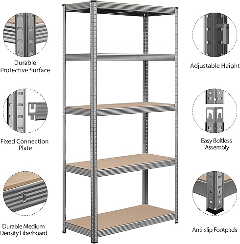 Miniatura 5 de Topeakmart Estantes utilitarios de 5 niveles, para almacenamiento, de metal, ajustables y resistentes, para garaje o cobertizo, gris claro, 35.5 x