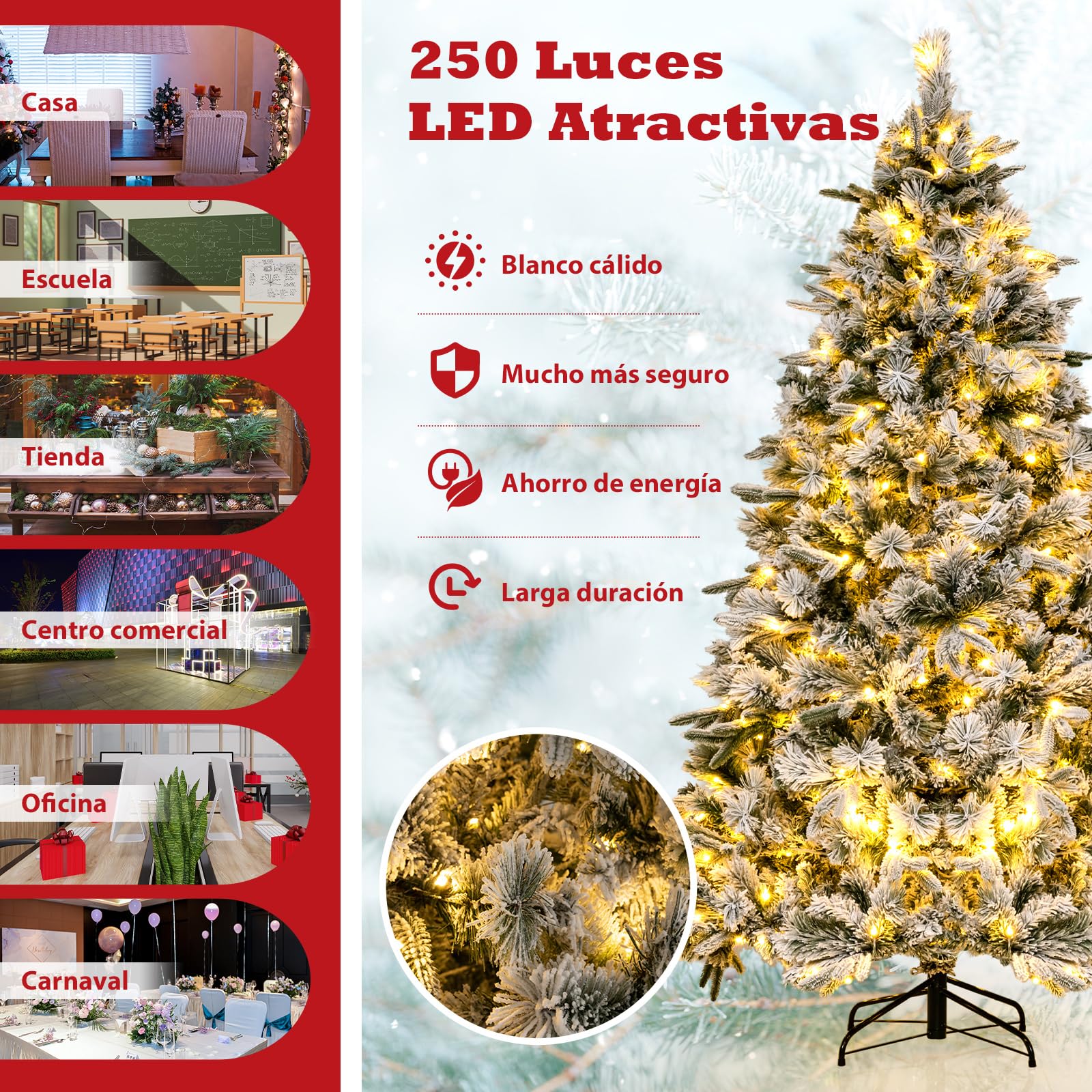 COSTWAY Arbol de Navidad Nevado con Luces 186cm, Arbol de Navidad con Luces Incorporadas, 250 Luces Blancas Cálidas, 752 Ramas PE y PVC, Agujas de Pino, Arvore de Natal Hogar Oficina Tienda