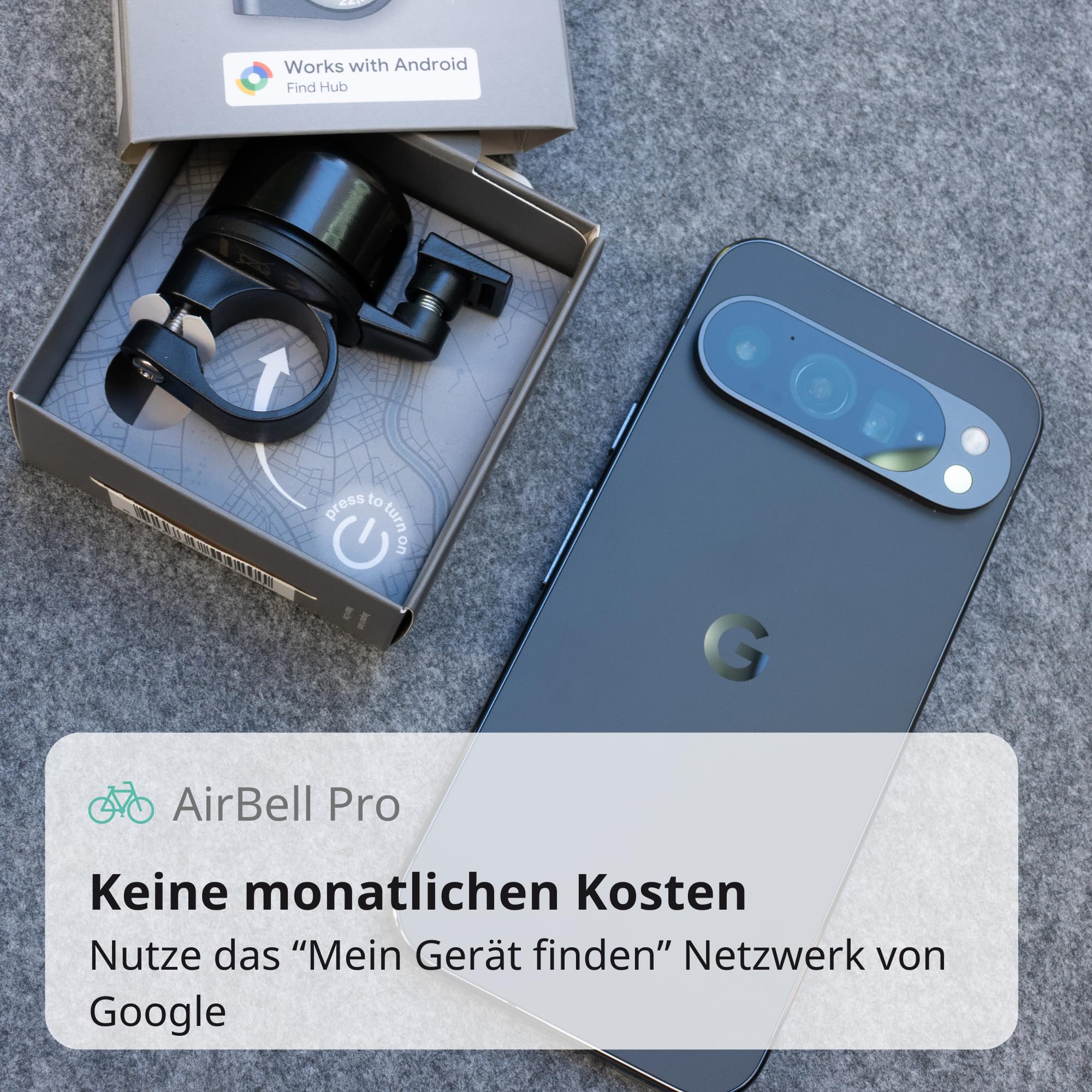 AirBell Pro - Sonnette de vélo pour Android - Avec traceur intégré - Compatible avec Google Mon appareil de recherche réseau (guidon standard de 22,2 mm)