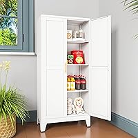 winiowa Metal Pantry Cabinet with 2 Doors, 3 Adjustable Shelves & Gold Handles - White Kitchen Storage for Bathroom, Laundry