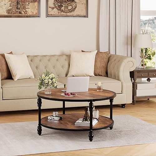 Miniatura 4 de GAOMON Mesa de centro redonda para sala de estar, mesa central redonda rústica de 34.25 pulgadas con estante de almacenamiento, mesa de centro de