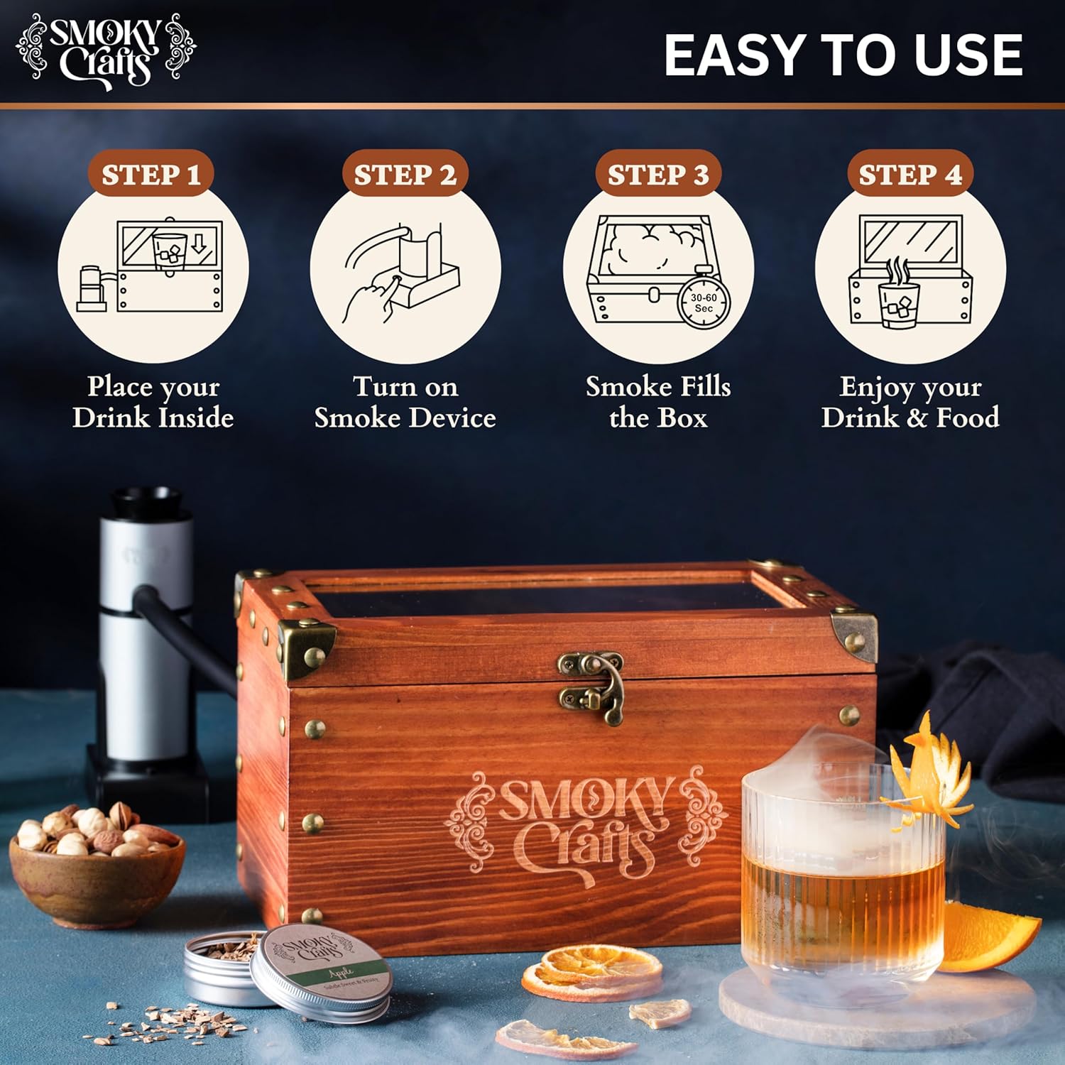 Old Fashioned Smoker Kit - Whiskey Smoker Kit with Smoking Gun, Cocktail Smoke Box, Food Tray and Wood Chips (Apple & Cherry) - Bourbon Gifts for Men