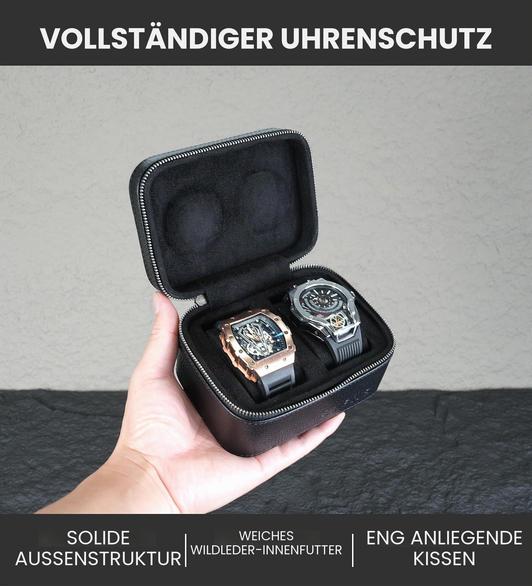 2 Uhren-Reiseetui für Männer und Frauen, echtes Top-Grain-Leder mit Wildleder zum Schutz Reißverschluss passend für alle Uhren bis zu 60mm (2W-Z-BBL)