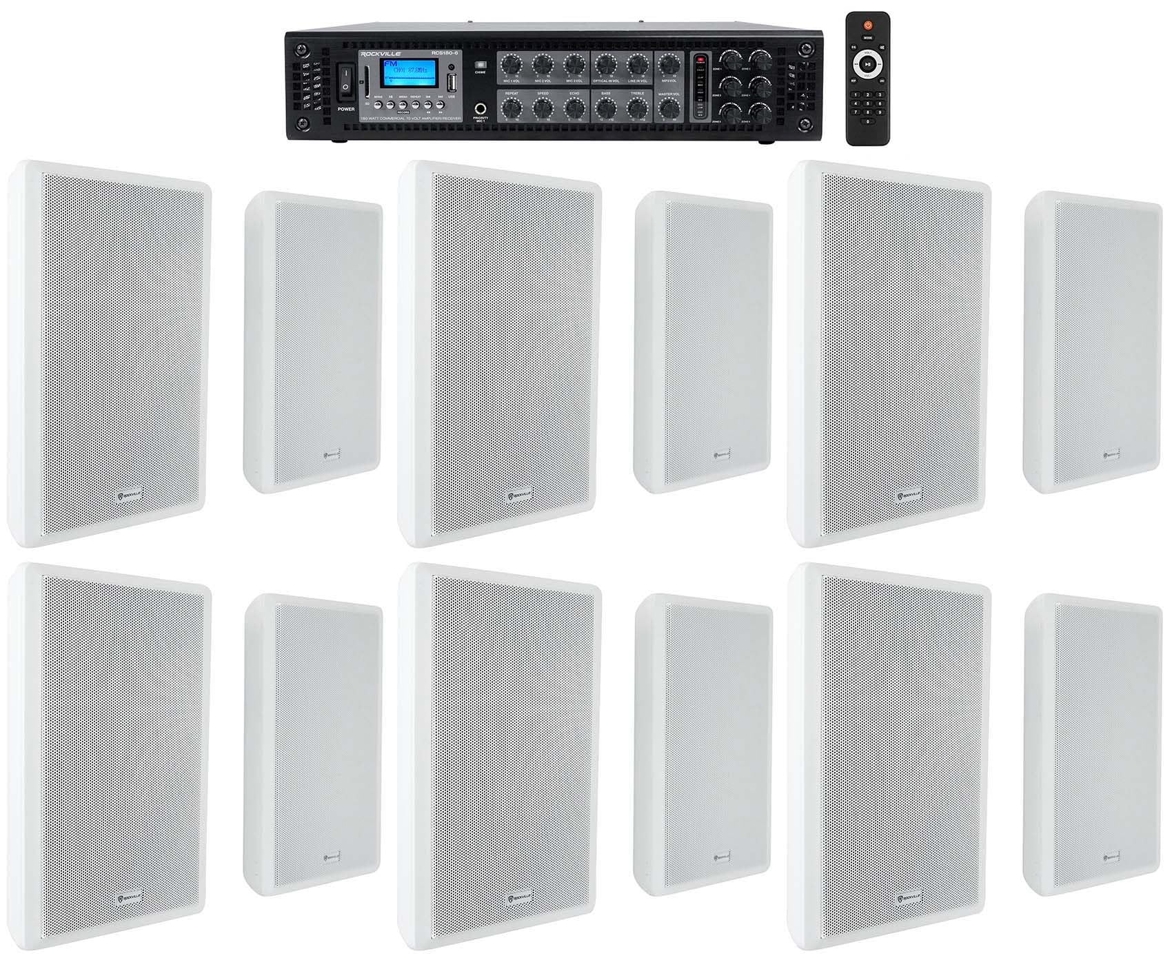 Rockville Bundle RCS180-6 180 Watt 6 Zone 70v Commercial/Amp/Bluetooth Bundle with (6) Pair RockSlim 70W White 5.25