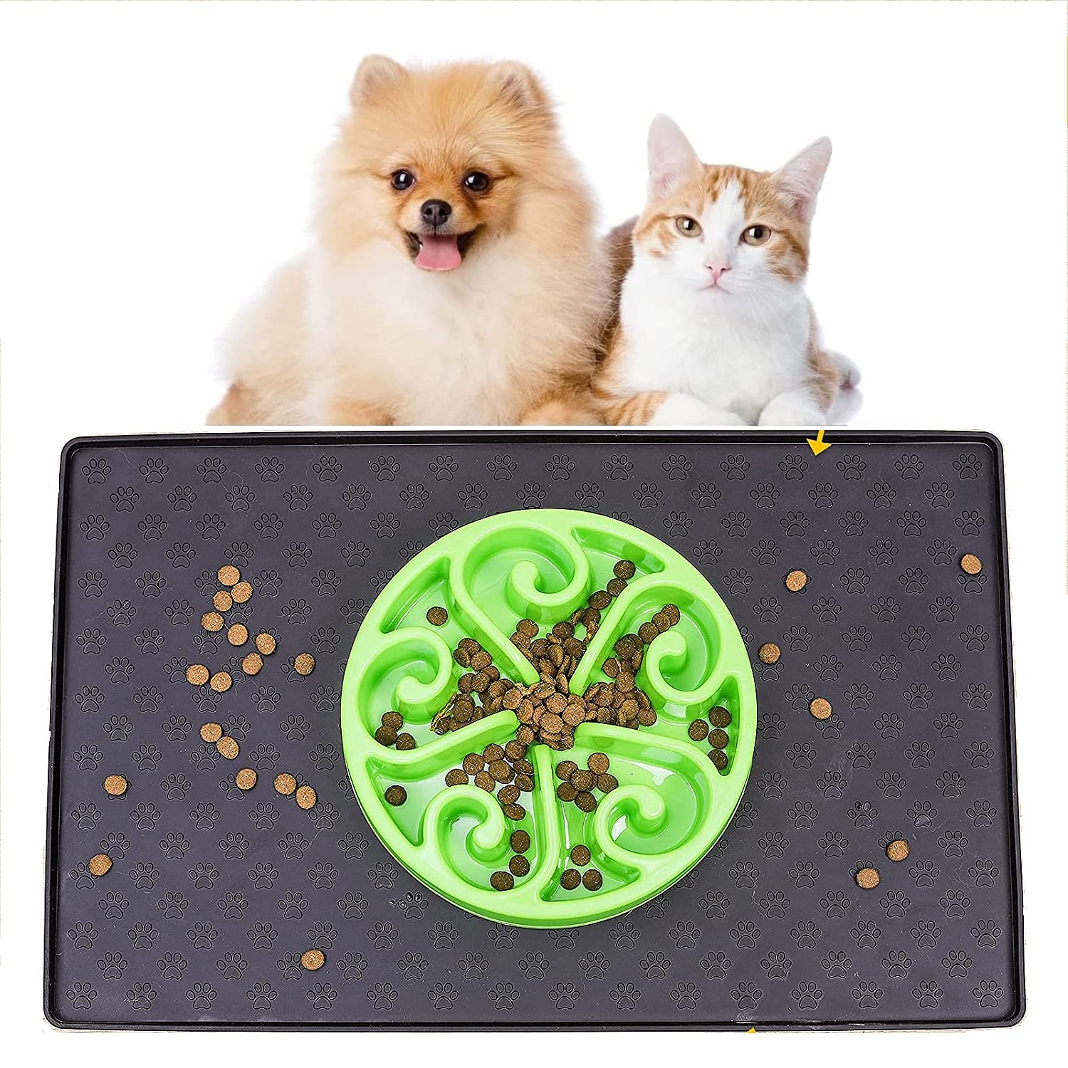 Cat Dog Food Mat Silicone Pet Feeding Mat Waterproof & Non Slip Pet Bowl Placement Tray to Prevent Food Spills and Water Messes Out to Floor(Black)
