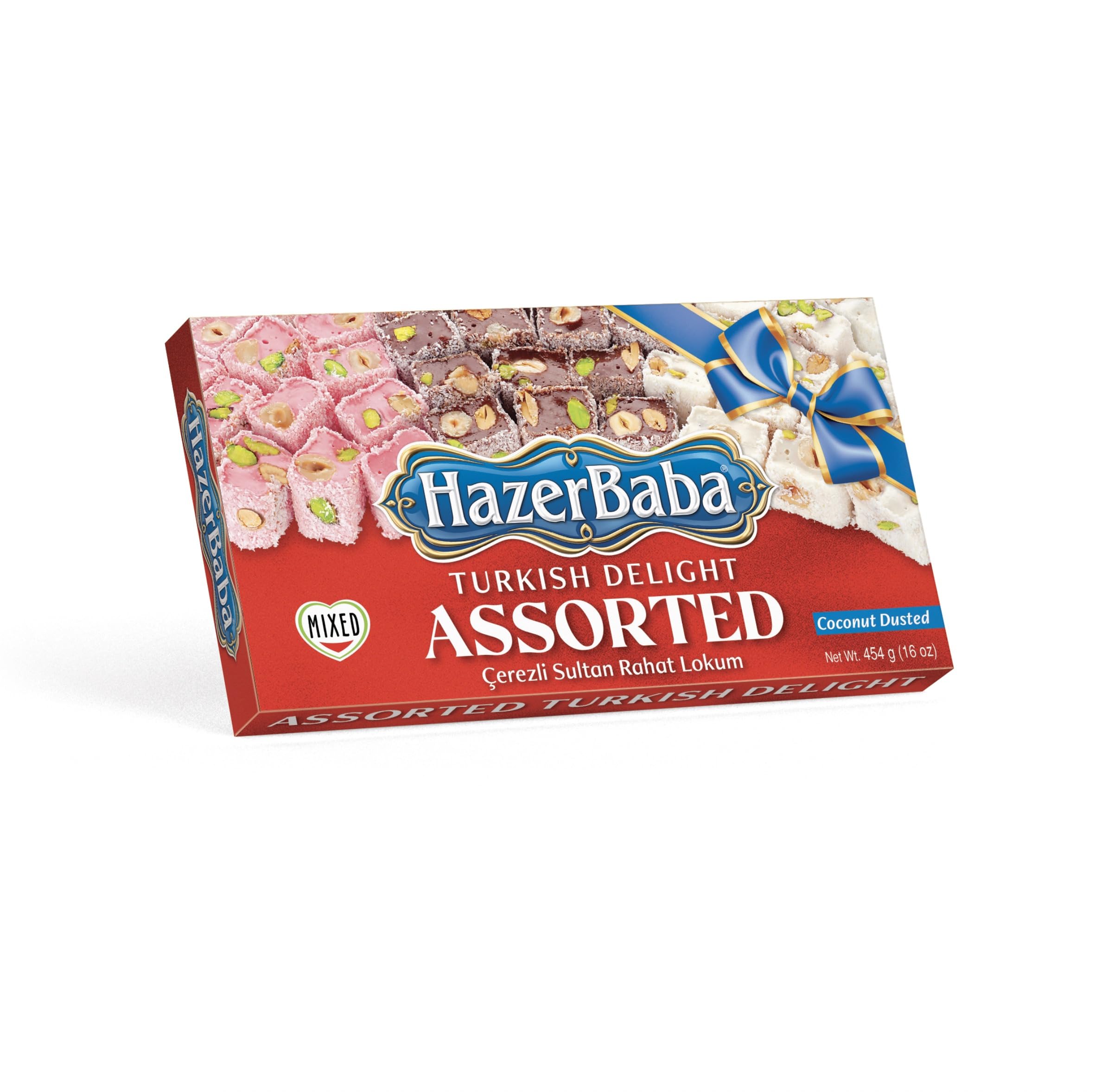 Hazer Baba Sultan Turkish Delight Candy with Pistachio, Almond, Hazelnut & Coconut Dusted, Gourmet Snack Box, Traditional, Vegan Snack, Turkish Lokum, Sweets, Loukumi, Halal, Kosher, 16oz (454g)