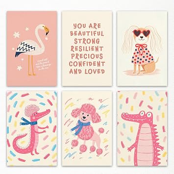 6pcs Pink Beige Nursery Animal Canvas Wall Art, Adorable Fashion Dog Posters, Kawaii Pink Crocodile Picture for Girls Bedroom, Inspirational You Are Strong and Loved Quote Print 8x12in Unframed