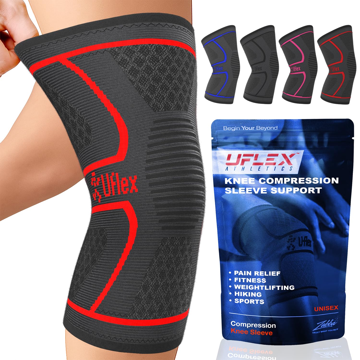 UFlex Athletics Compression Knee Brace for Women & Men Knee Sleeves Support for Sports, Running, Weightlifting, Arthritis, Meniscus Tear, ACL, Hiking, Recovery Support & Fitness Medium Red