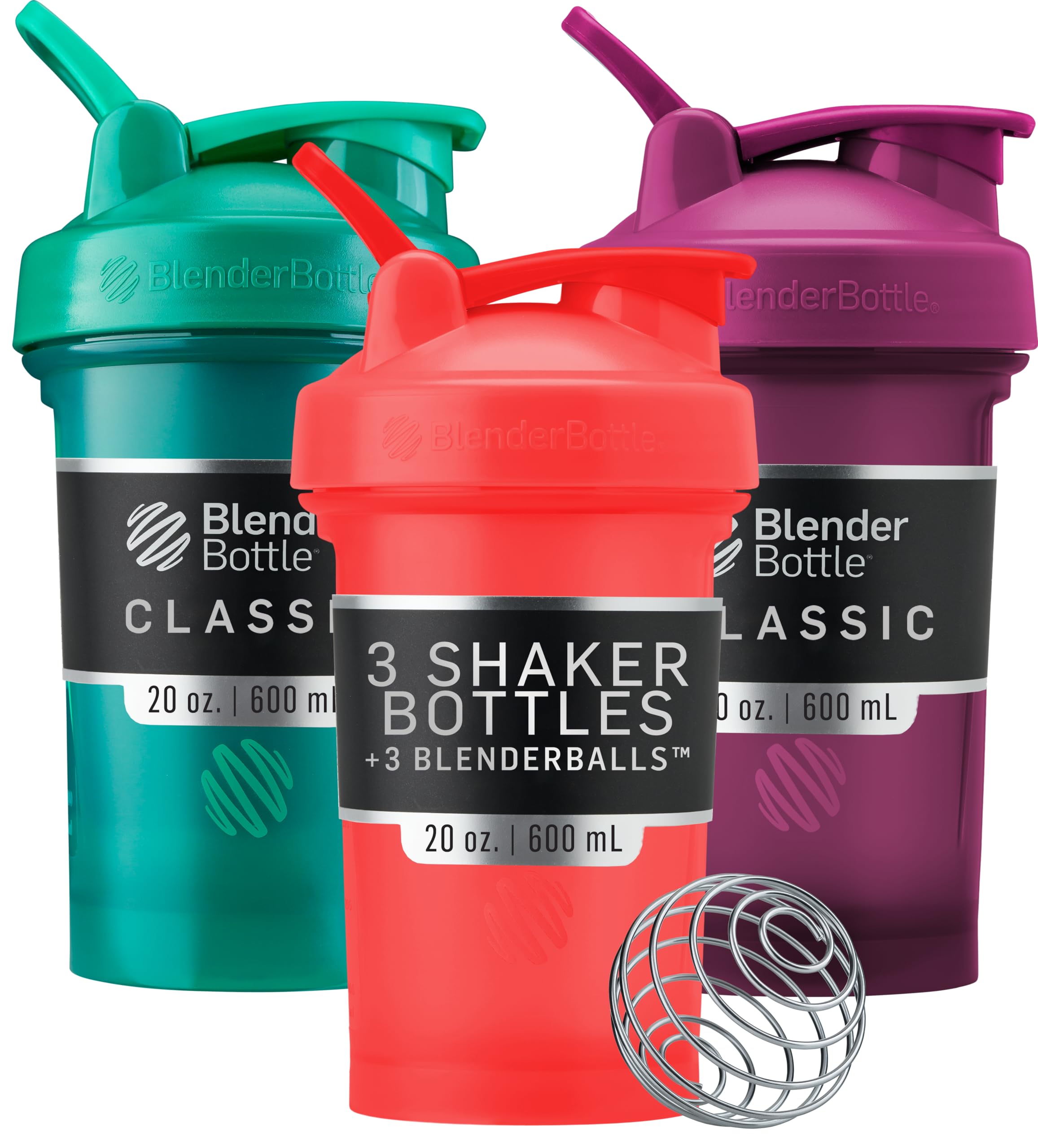 BlenderBottle Classic V2 Shaker Bottle Perfect for Protein Shakes and Pre Workout, 20-Ounce (3 Pack), Red, Green, Plum