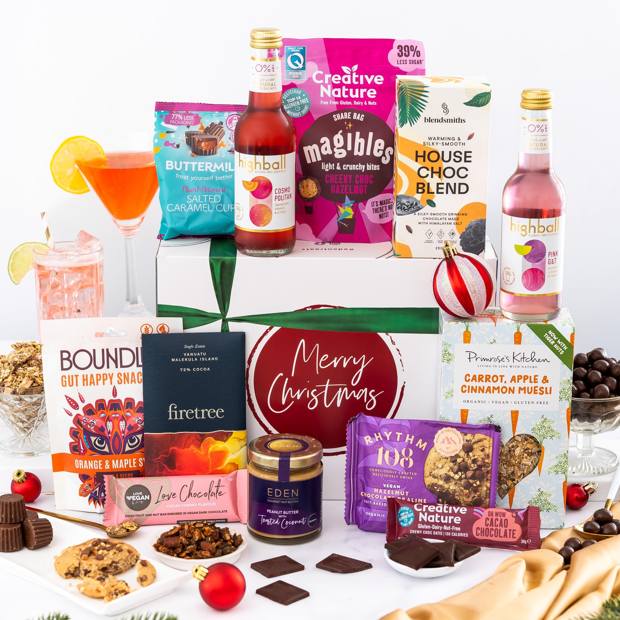 Merry Christmas Hamper Basket, Luxury Gourmet Xmas Gifts for Women, Men or Couples, Dairy Free, Gluten Free and Vegan Chocolate by EDEN Treats - Includes 2 Mocktails