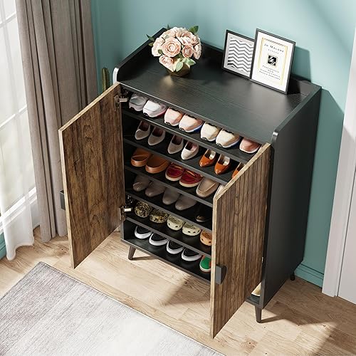 Miniatura 4 de Tribesigns Zapatero con puertas, armario de almacenamiento de zapatos de 7 niveles con estantes ajustables, estante de madera para zapatos,