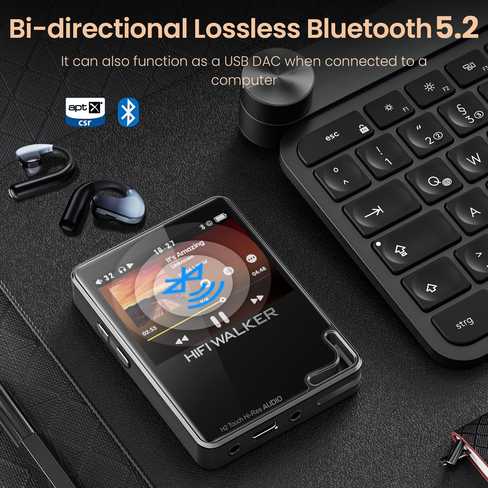 HIFI WALKER H2 Touch Hi-Res MP3 Player, Studio-Grade Hi-Res DAC, Bluetooth 5.2 aptX HD, 2.4? HD Touchscreen, Includes 64 GB SD Card (Expandable to 512 GB), DSD256 & FLAC Lossless