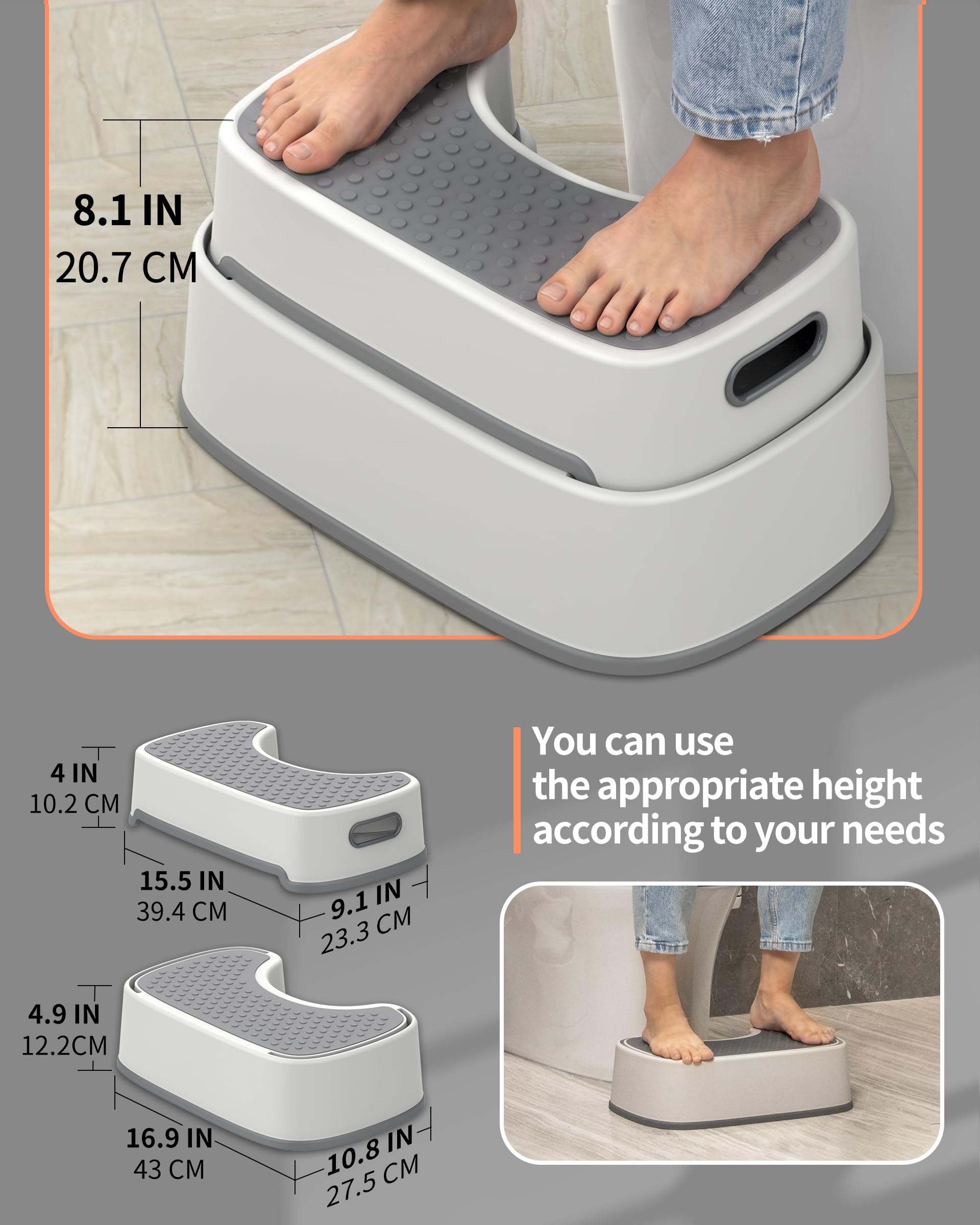 MR.SIGA Tabouret Toilette Empilable, Repose Pied WC pour Adultes, Gris | Marche Pied Antidérapant SDB pour Meilleure Posture