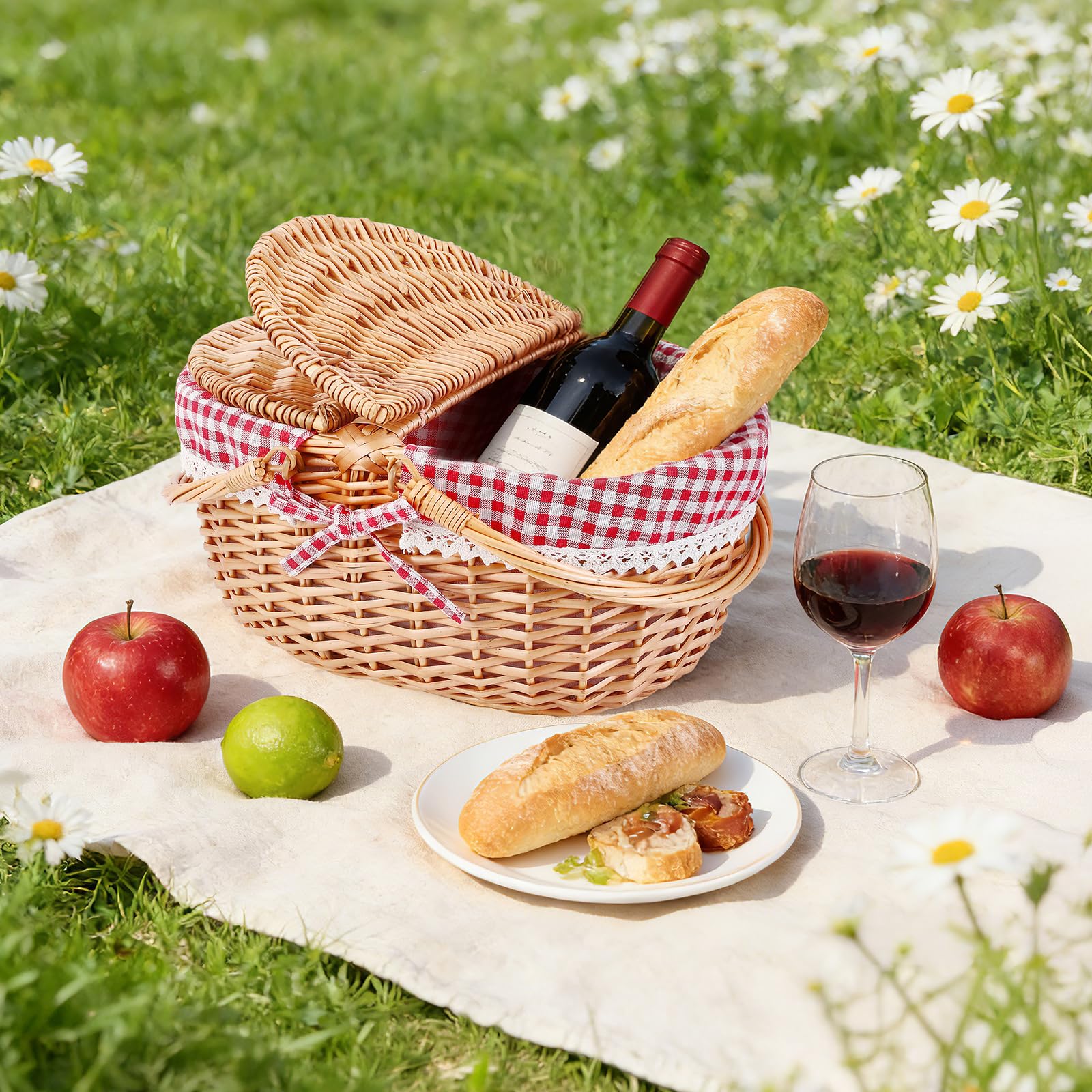 Cesto Picnic Vimini, Coperchio a Doppia Apertura e Manico Pieghevole Cestino da Picniccon, Cestino Intrecciato a Mano con Fodera in Cotone Rimovibile, Adatto per Picnic, Campeggio(Rosso/40x34x19CM)